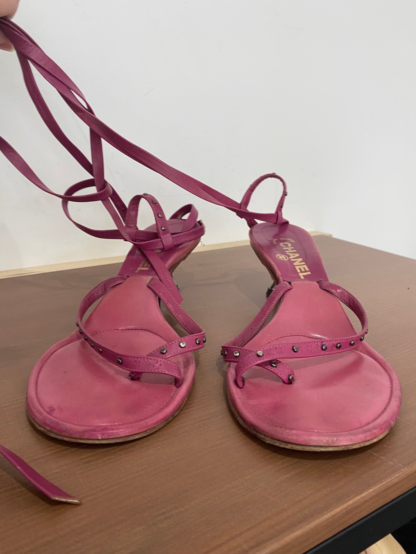 Chanel Pink Leather Sandals with Ankle Ties Size 6