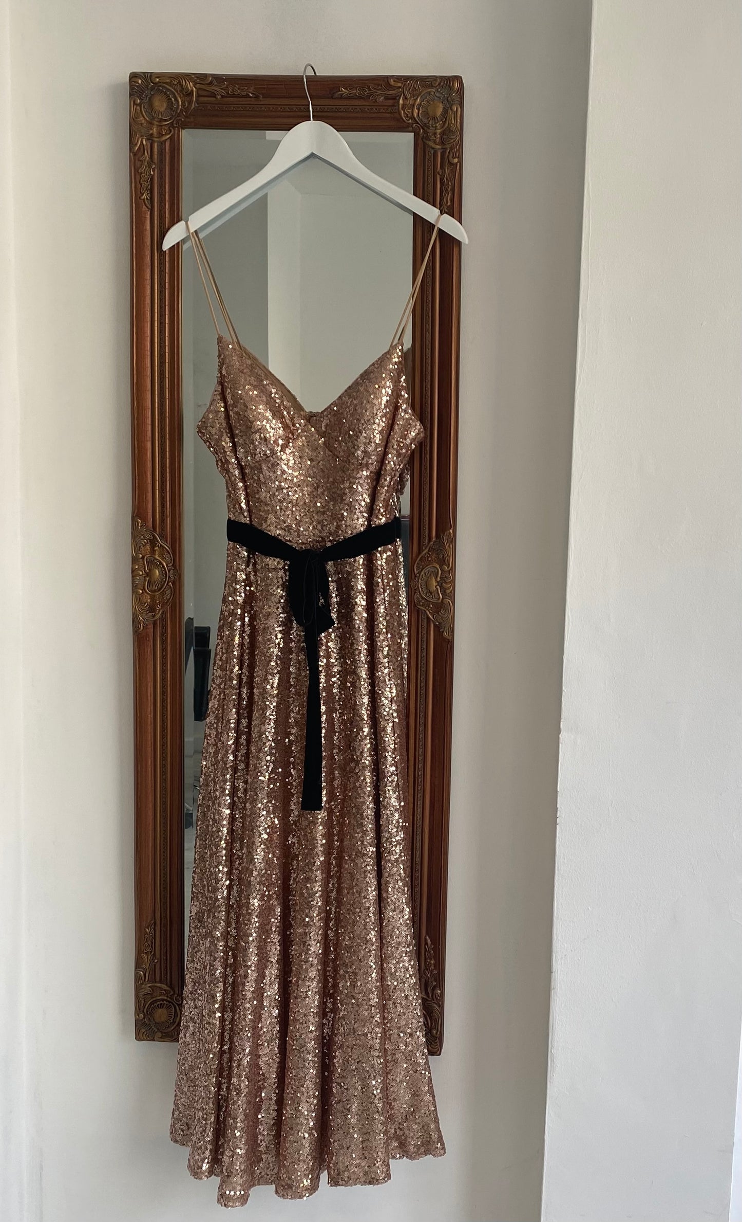 Forever Unique Gold Sequin Dress with Velvet Belt Size 10