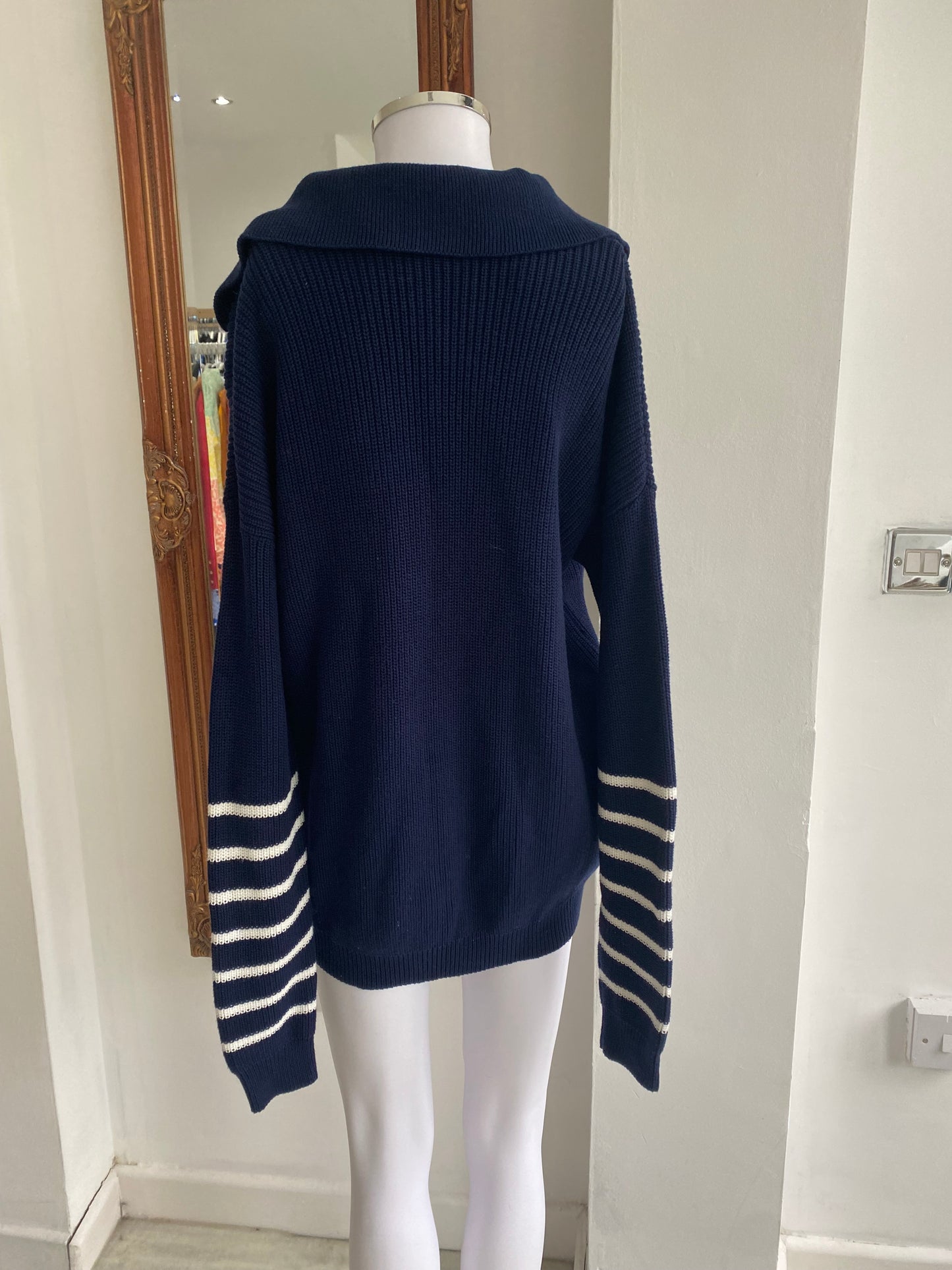 Laura Jackson Navy Jumper with Striped Sleeves Size Small 10-12