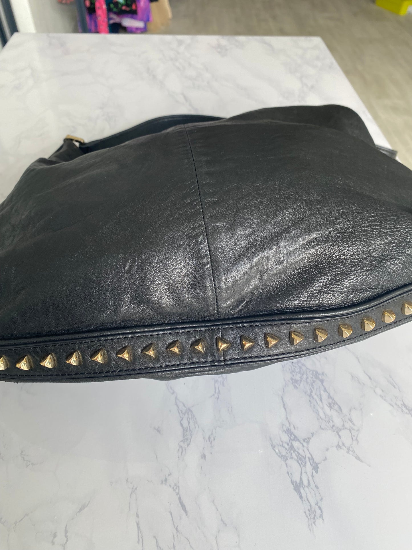 Tory Burch Black Leather Studded Hobo Handbag