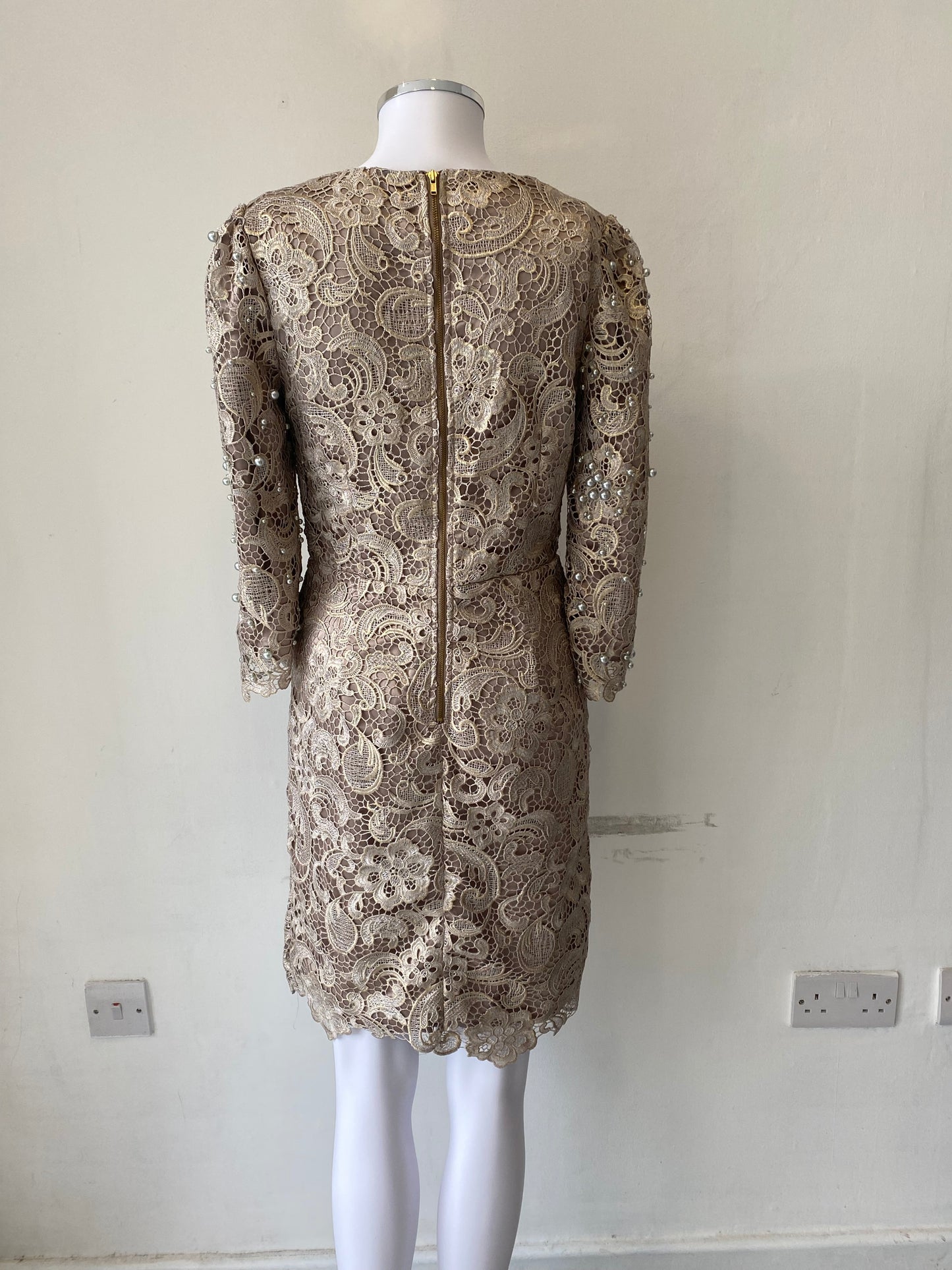 Monsoon Champagne Lace Dress with Pearl Beading Size 8