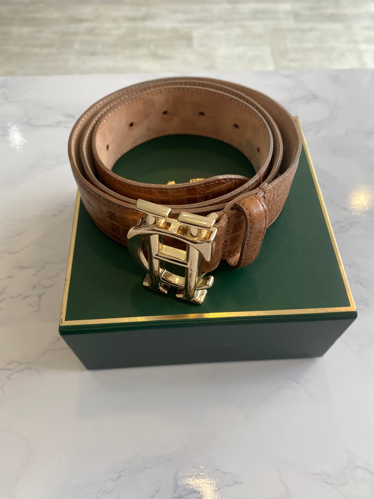 Holland Cooper Tan Croc Leather Belt with Box