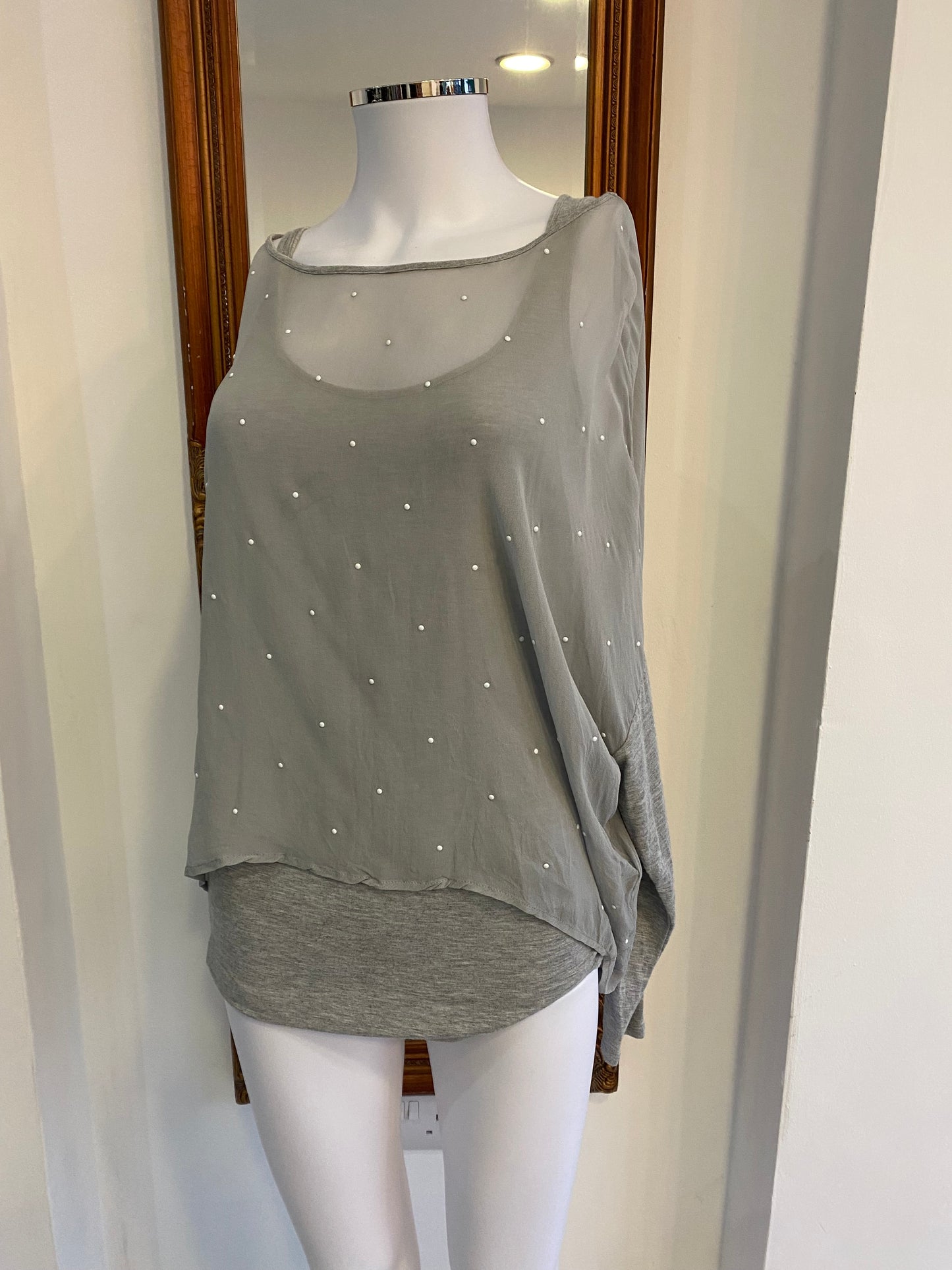 Mint Velvet Grey Top with Sheer Beaded Layer Size 8
