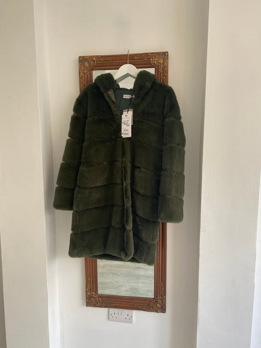 Passioni Faux Fur Forest Green Coat with Hood Size L