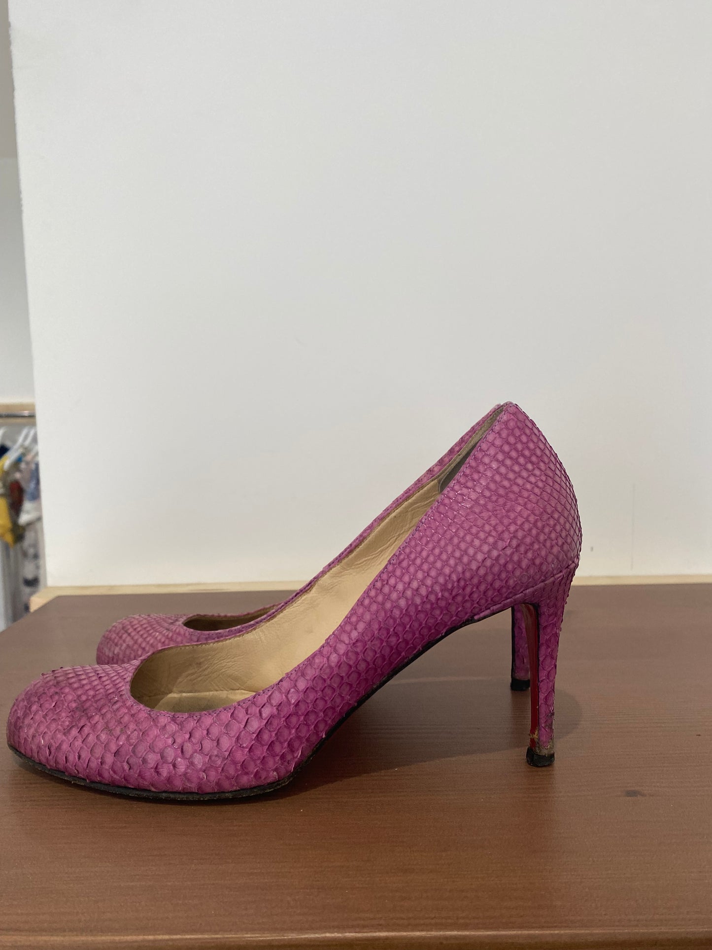 Christian Louboutin Pink Snake Affect Round Toe Heels Size 5.5