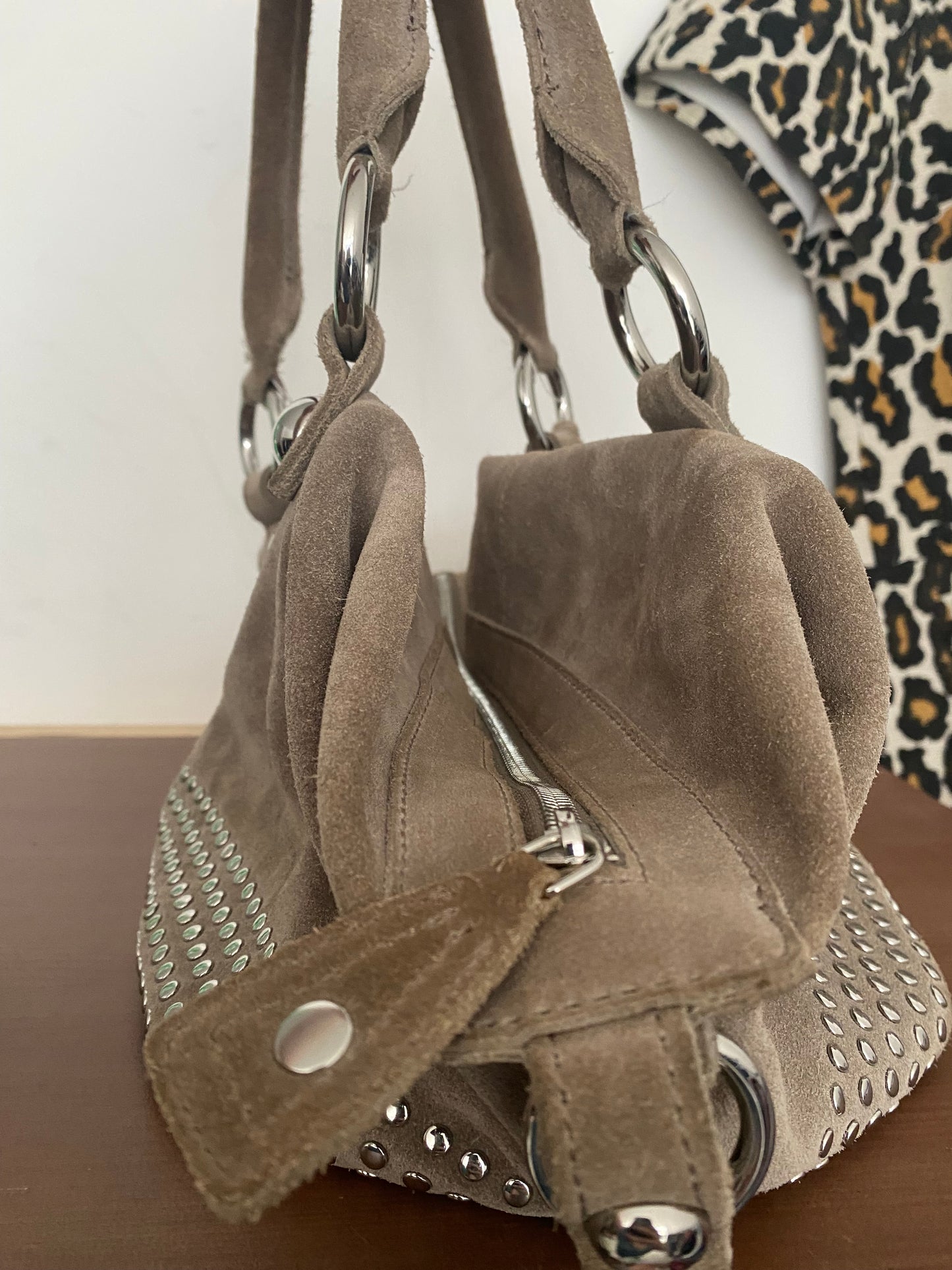 Karen Millen beige suede studded handbag