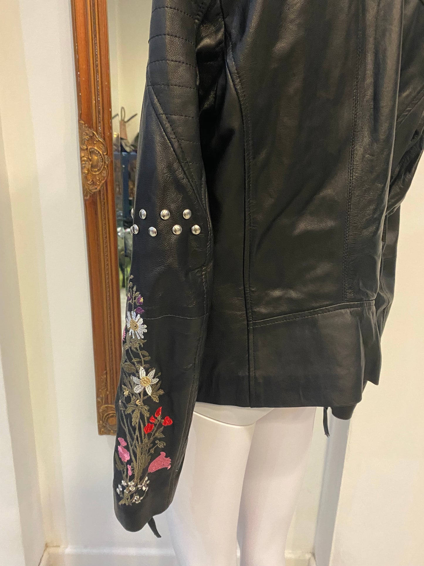 Rokoko Black Leather Jacket with Floral Embroidery and Studs Size 8-10 New with Tags