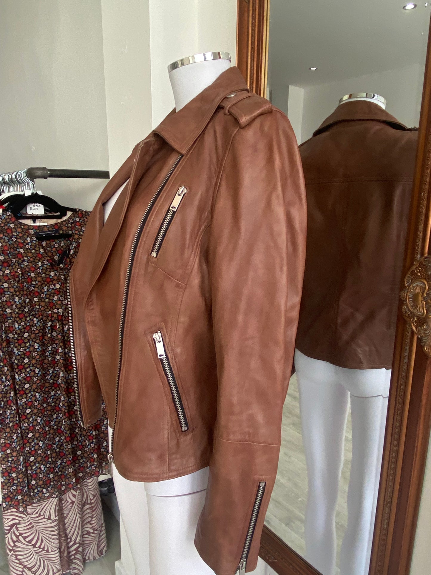 Mint Velvet Brown Leather Biker Jacket Size 10