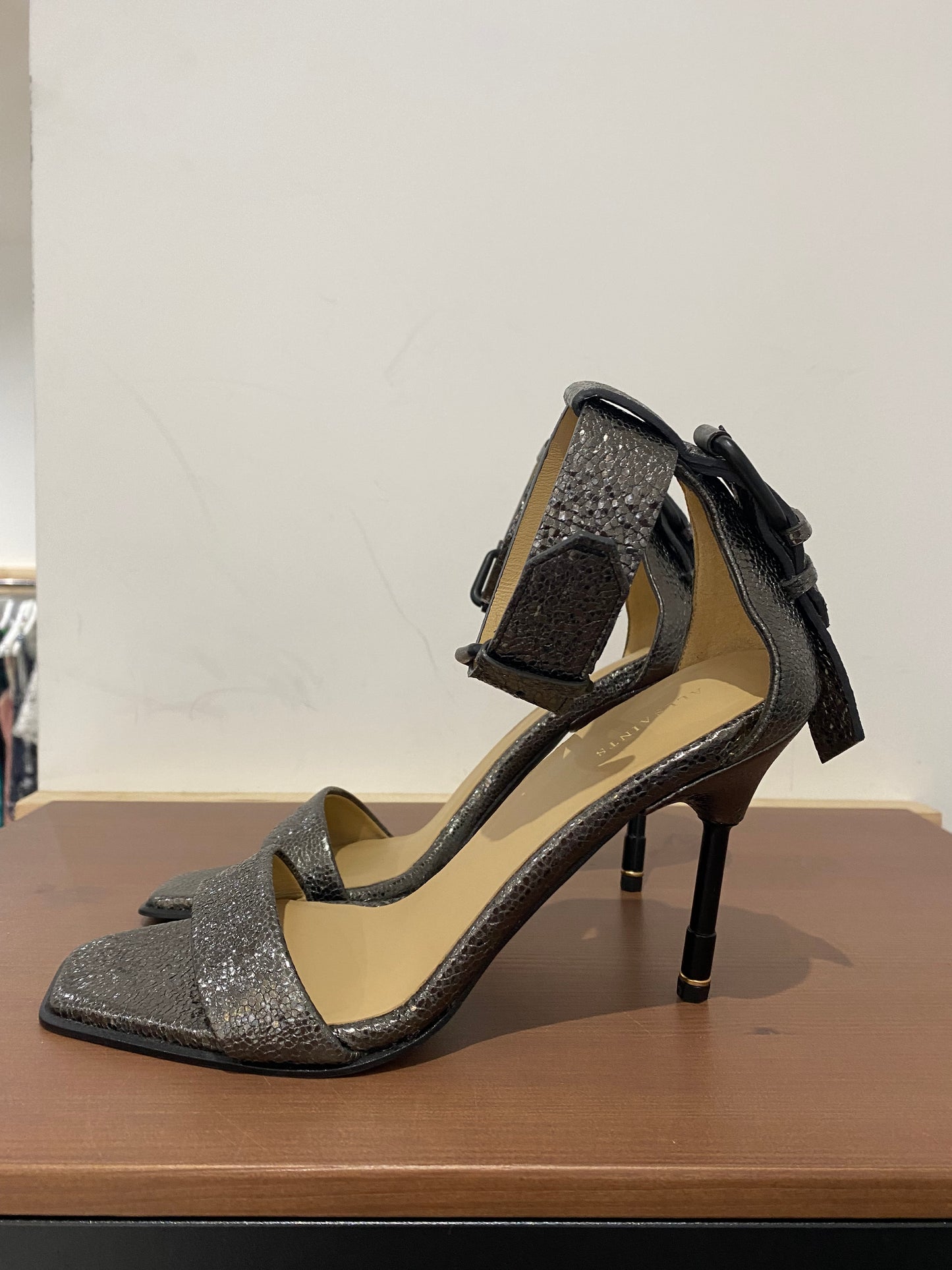 All Saints Pewter Leather Heels Size 7