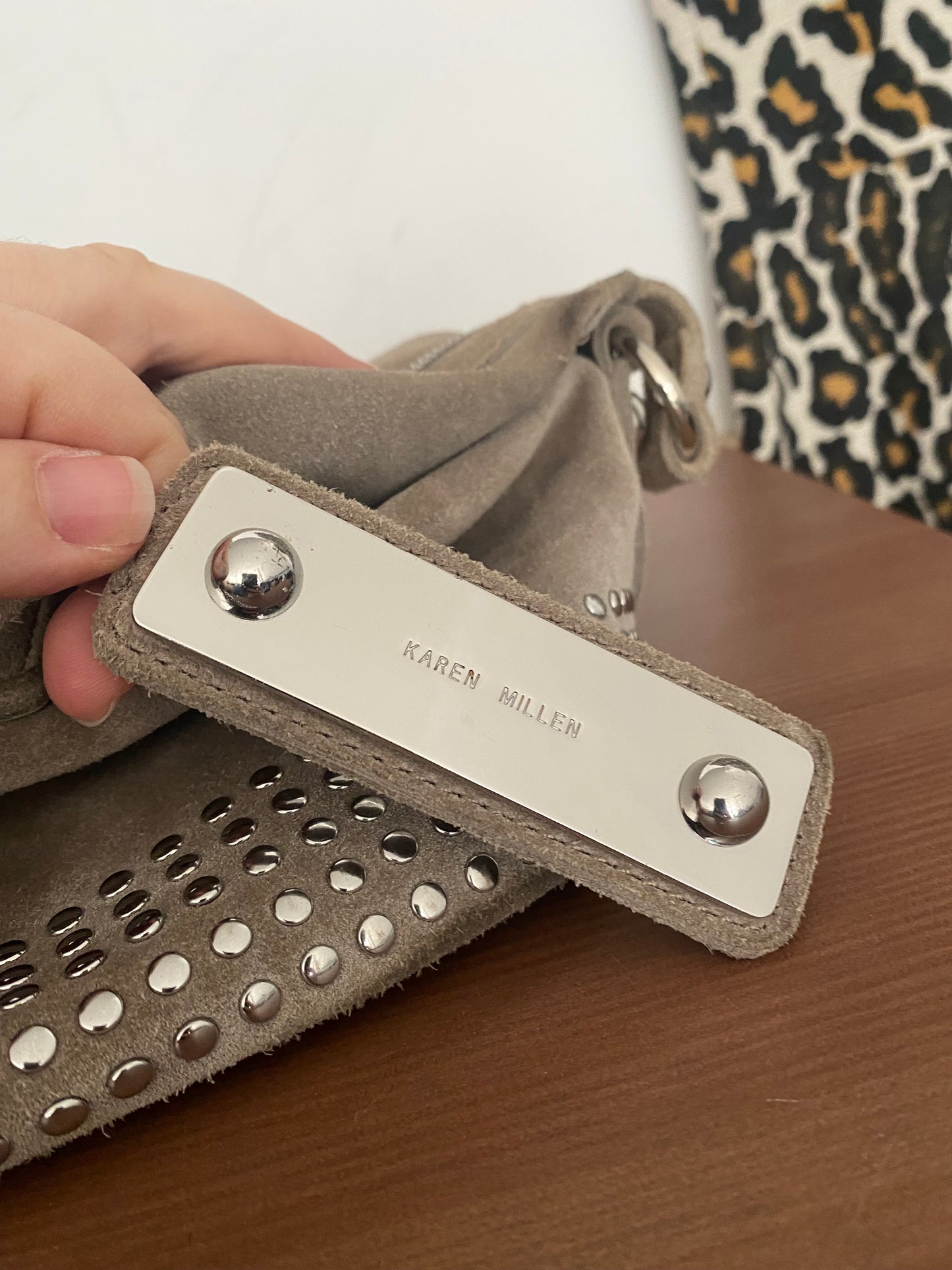 Karen Millen beige suede studded handbag