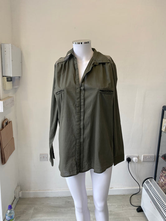 Maje Khaki Shirt with Chain details on shoulders Size 8