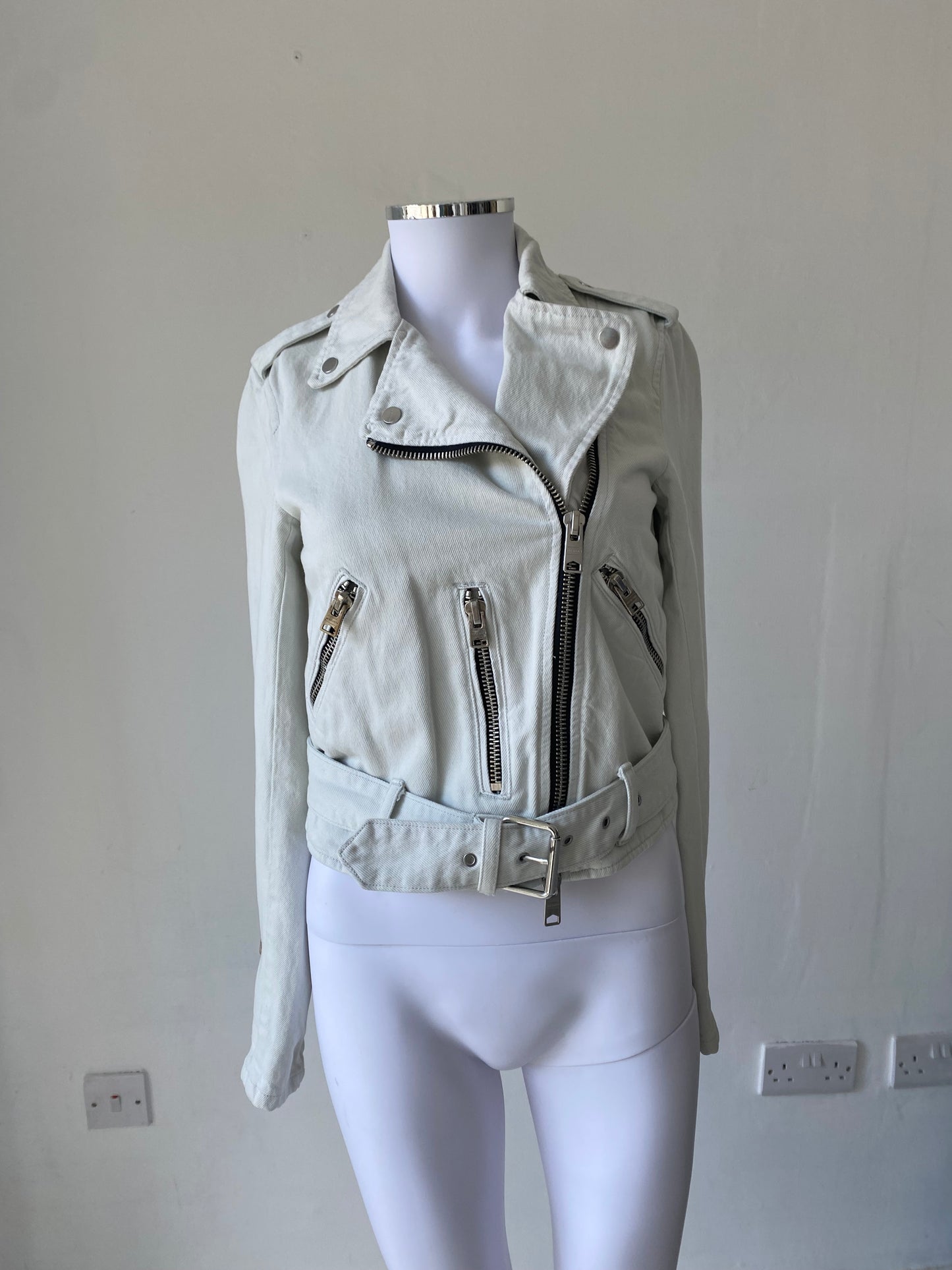 All Saints White Denim Biker Jacket Size 6