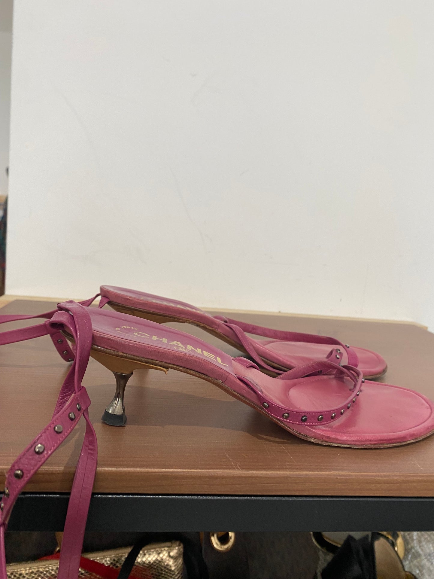 Chanel Pink Leather Sandals with Ankle Ties Size 6
