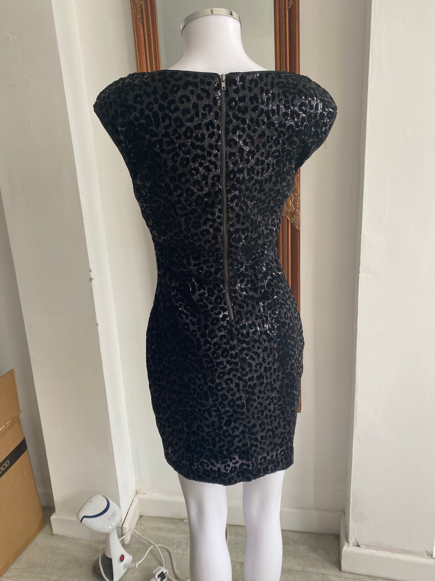 Mango black sequin leopard print dress size 8-10