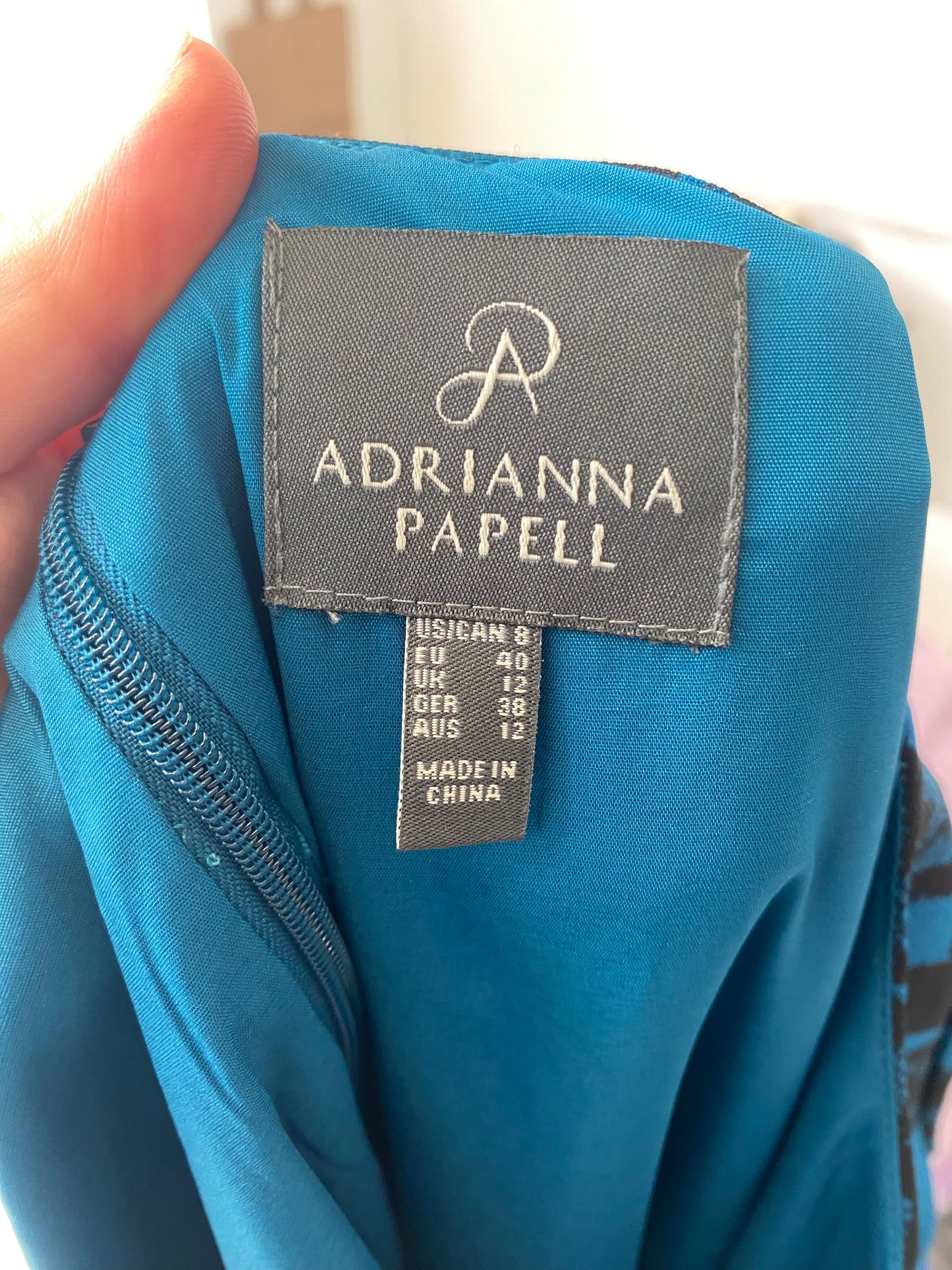 Adrianna Papell Blue Dress with black lace print size 12