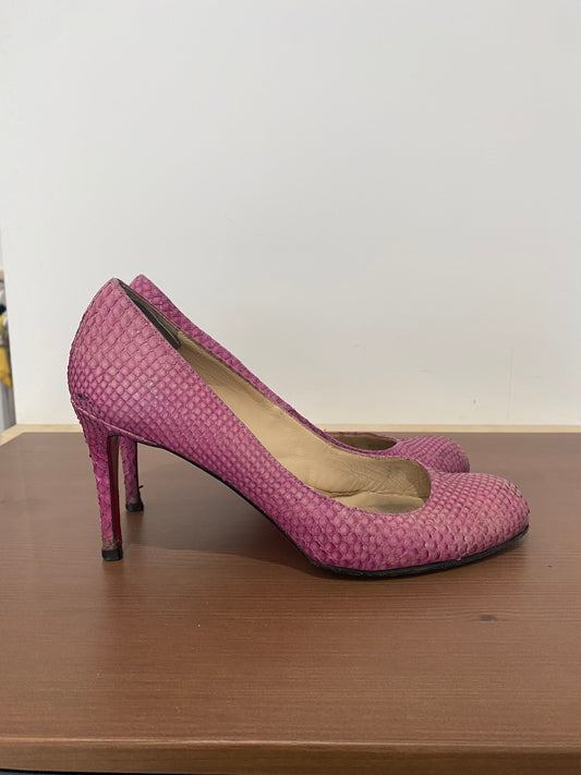 Christian Louboutin Pink Snake Affect Round Toe Heels Size 5.5