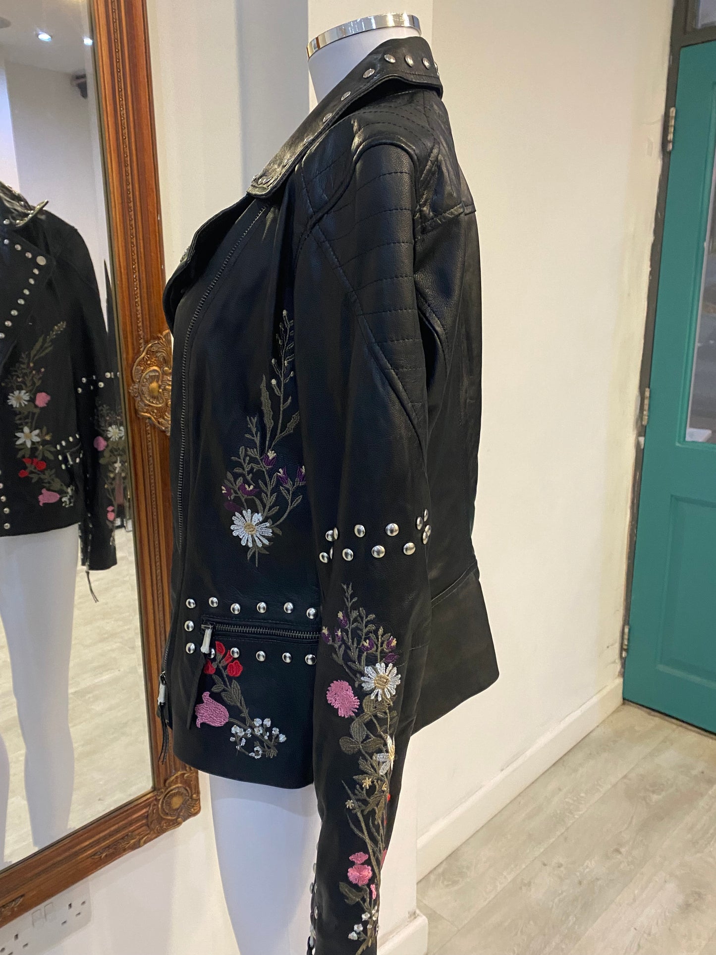 Rokoko Black Leather Jacket with Floral Embroidery and Studs Size 8-10 New with Tags