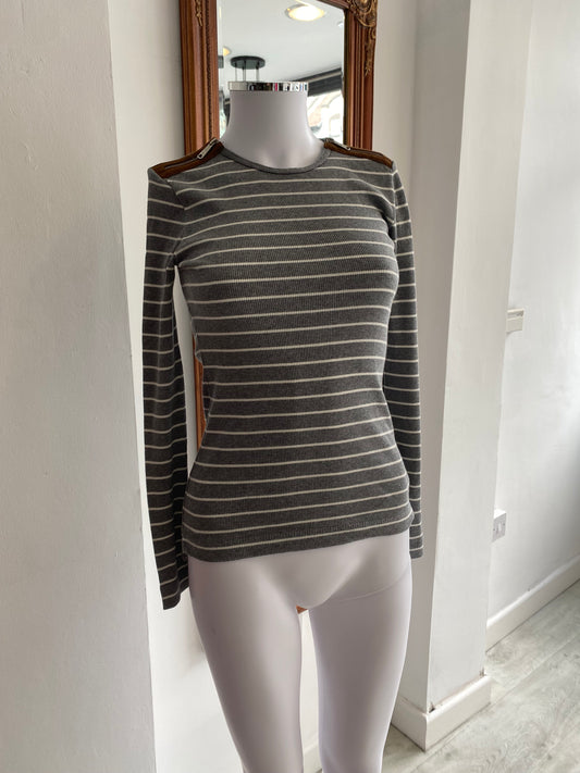 Ralph Lauren Grey Striped Long Sleeved Top with Zip Detailing Size 6-8