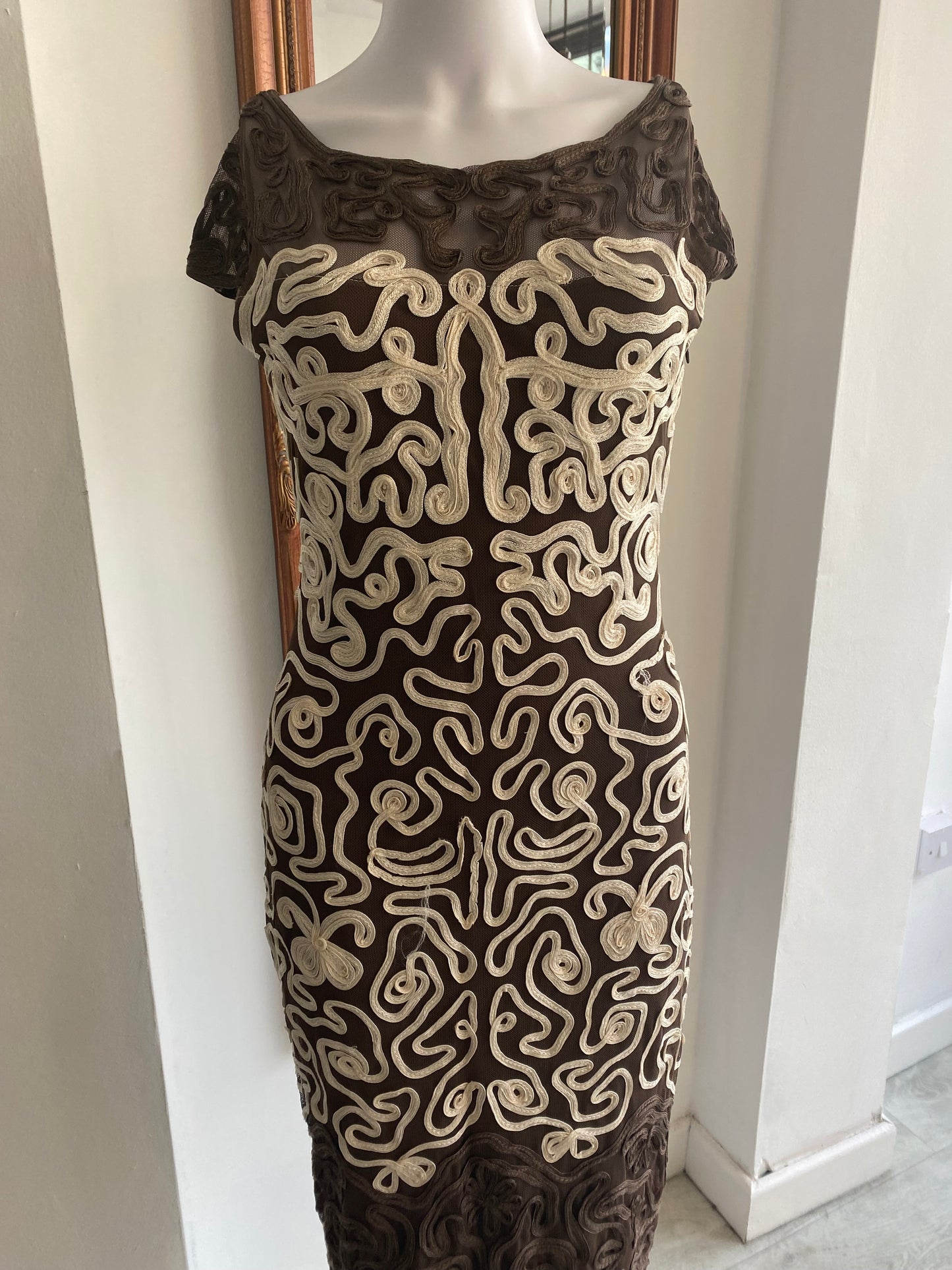 Phase Eight Brown and Cream Appliqué Dress Size 10