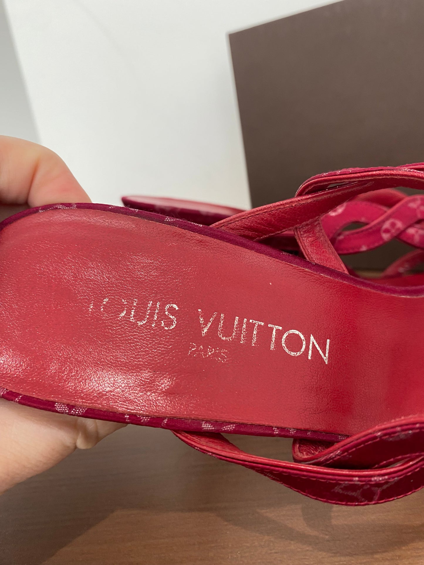 Louis Vuitton Dark Red Monogram Heeled Sandals Size 6 with Dust Bag and Box
