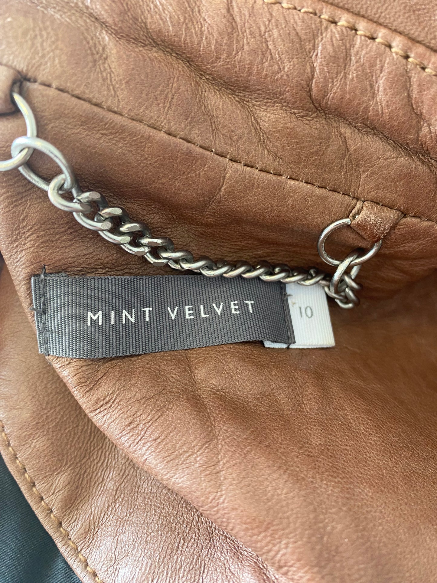 Mint Velvet Brown Leather Biker Jacket Size 10