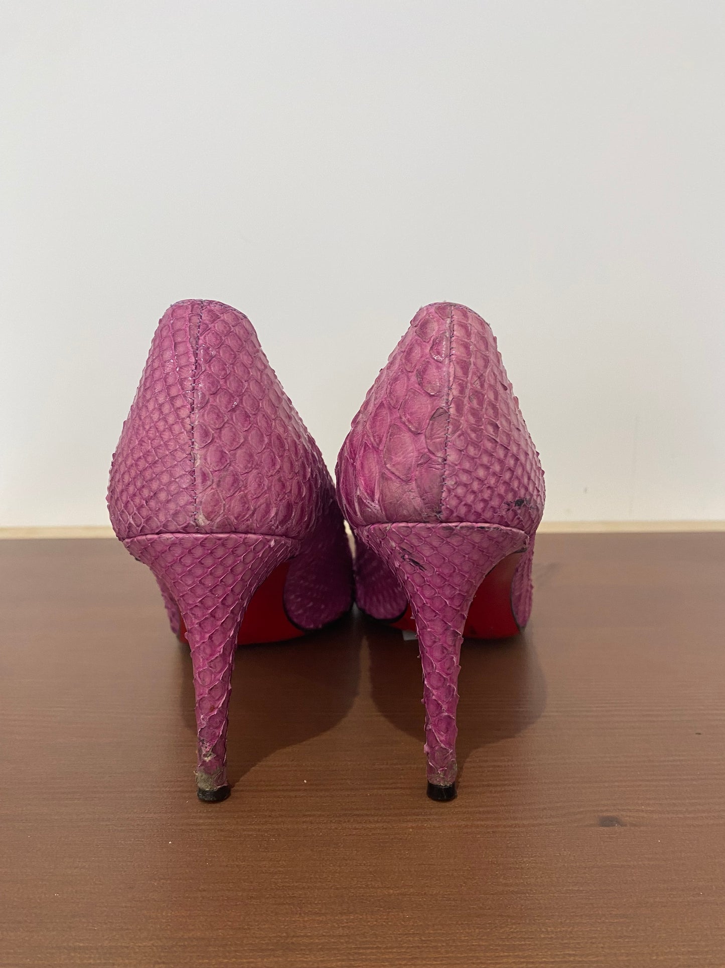 Christian Louboutin Pink Snake Affect Round Toe Heels Size 5.5