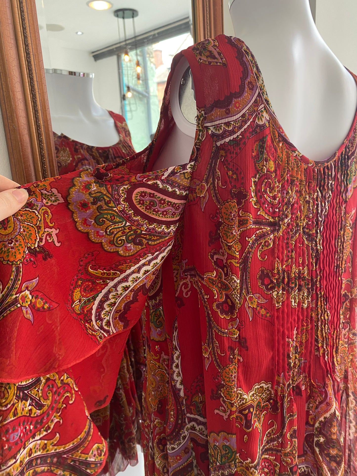 Niza Red Floral Print Dress with Cold Shoulder Size 14