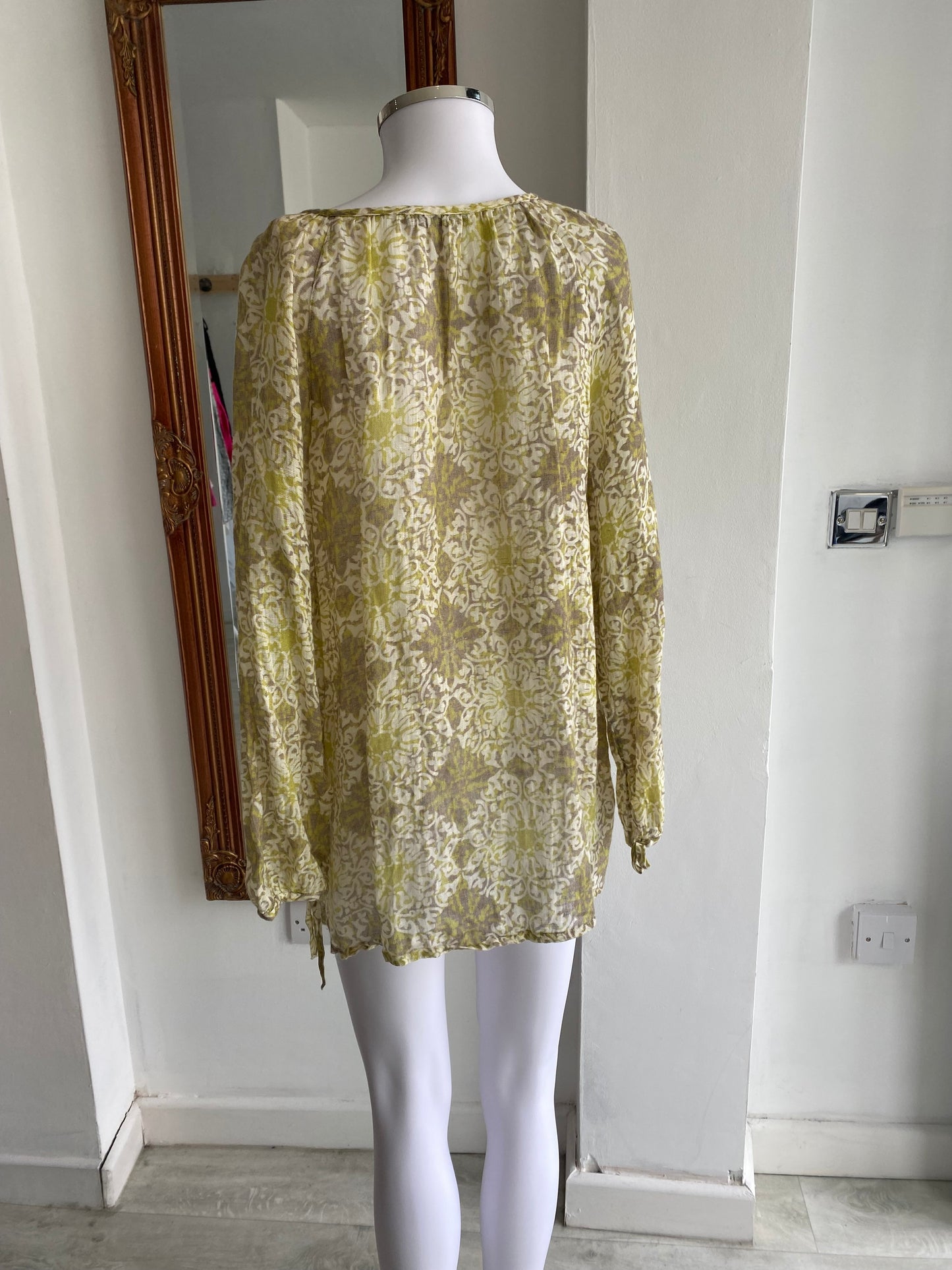 John Lewis Green and Beige Linen Printed Top Size 12