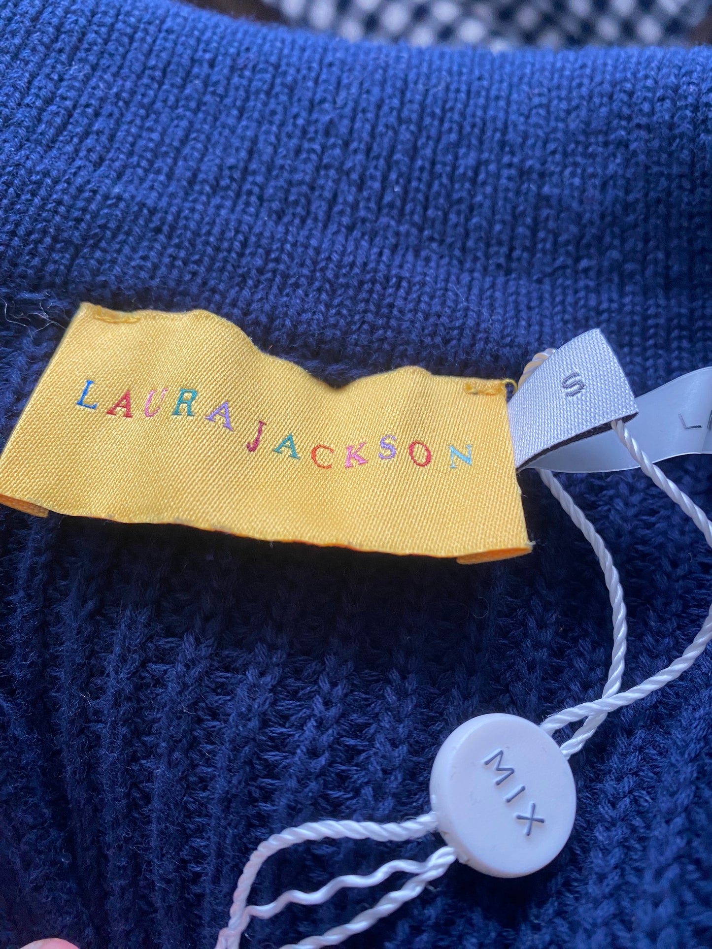 Laura Jackson Navy Jumper with Striped Sleeves Size Small 10-12