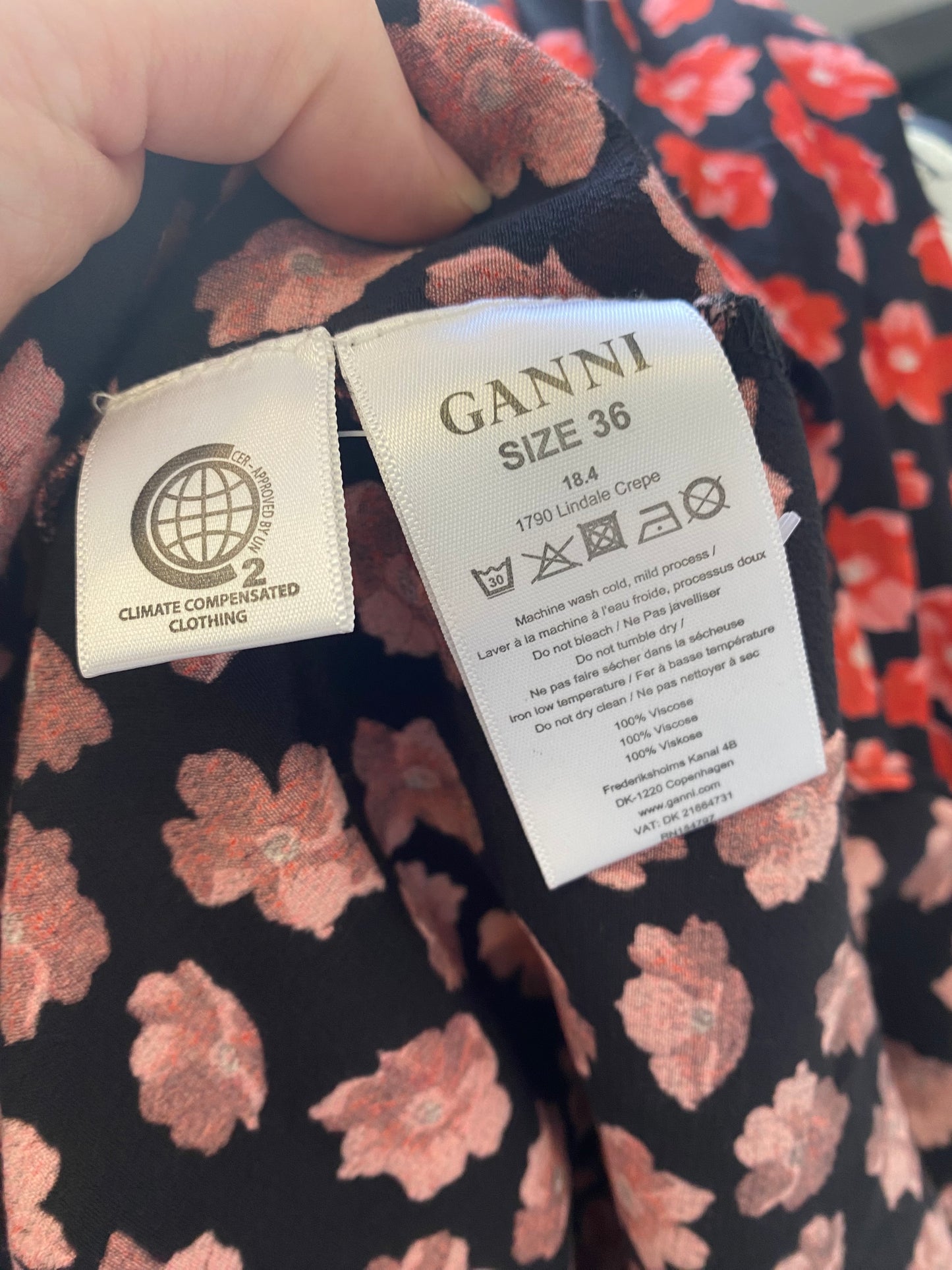 Ganni Black Dress with Red Floral Print Size 8-10