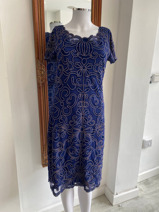 Phase Eight Blue Embroidered and Mesh Dress Size 10