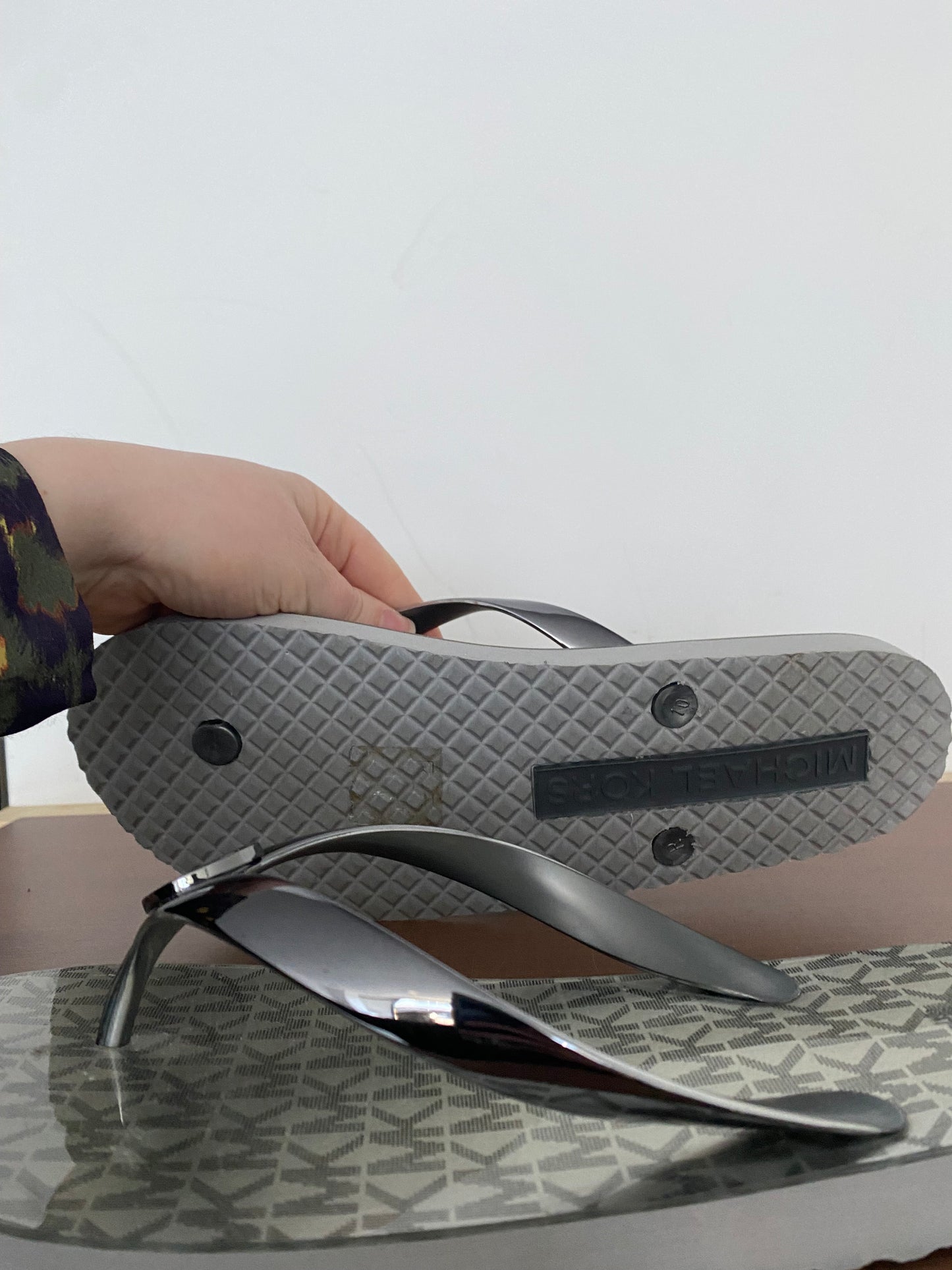 Michael Kors Grey Logo Flip Flops Size Large 6