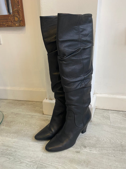 Hobbs Black Leather Ruched Knee High Boots Size 6.5