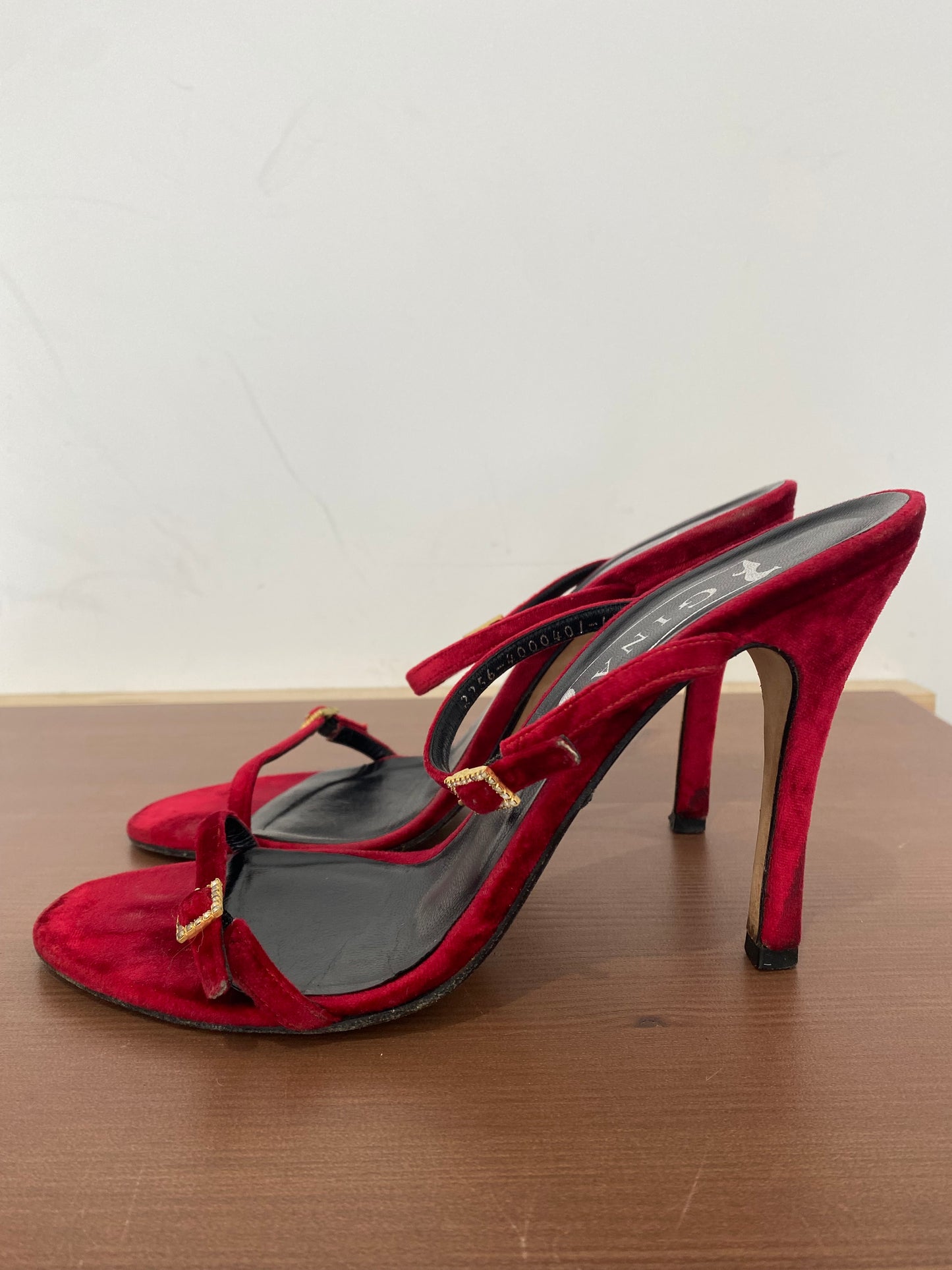 Gina Red Velvet Heeled Sandals Size 6.5