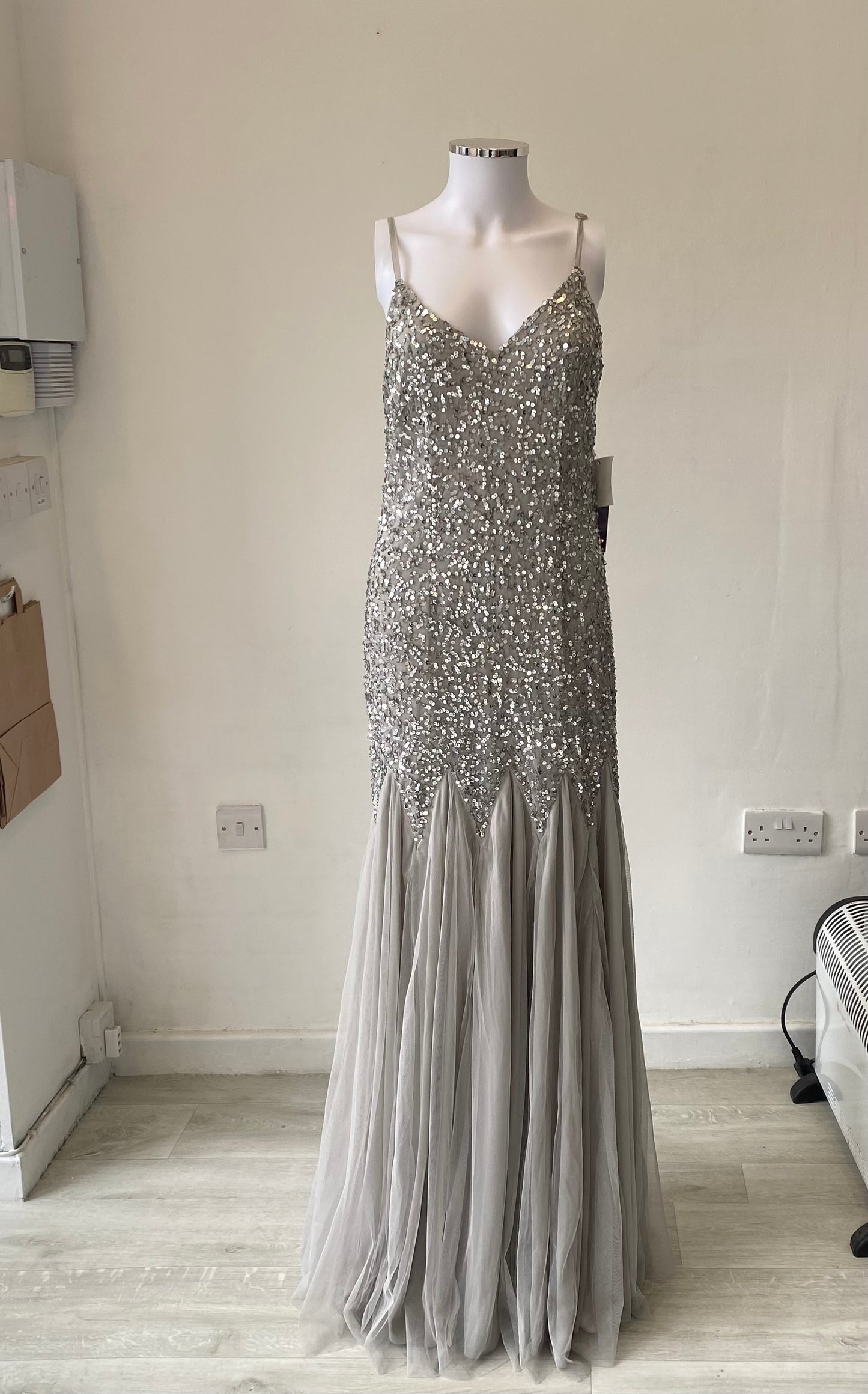 Maya Deluxe Silver Sequinned Full Length Gown Prom Dress Size 12