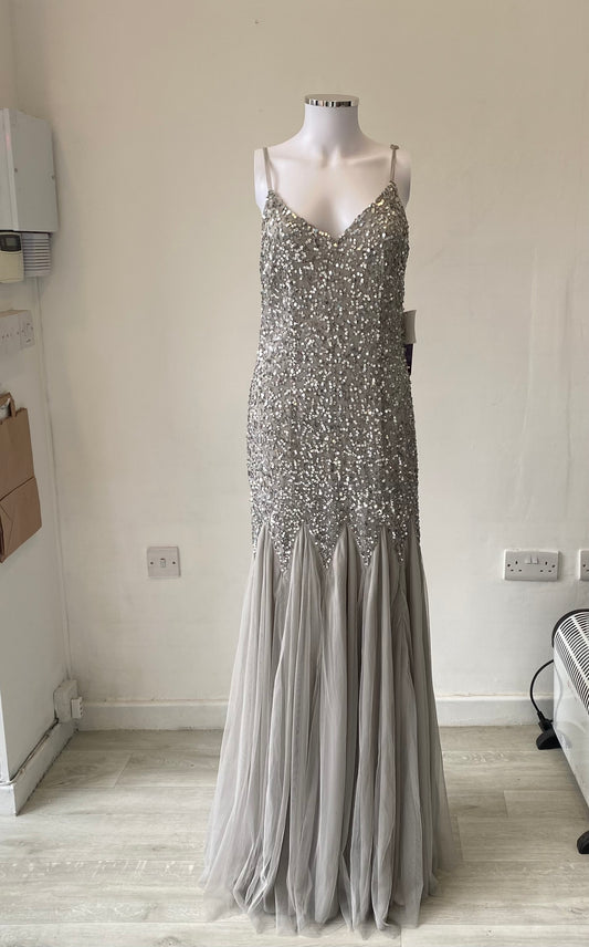 Maya Deluxe Silver Sequinned Full Length Gown Prom Dress Size 12