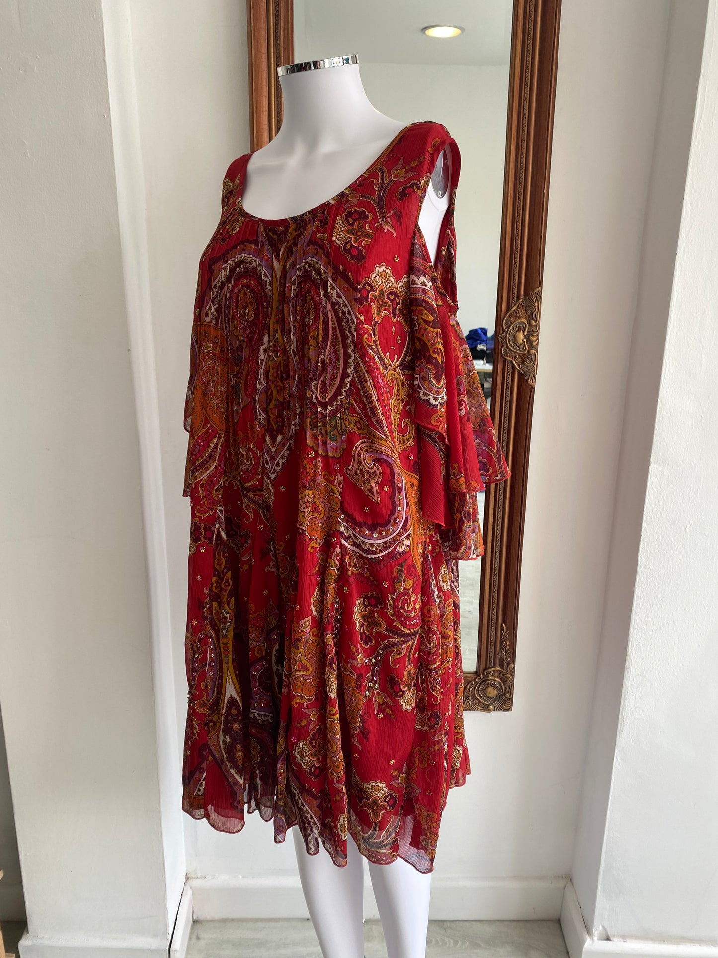 Niza Red Floral Print Dress with Cold Shoulder Size 14