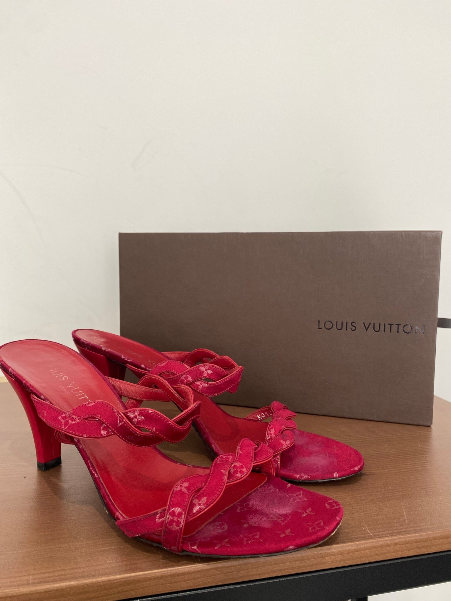 Louis Vuitton Dark Red Monogram Heeled Sandals Size 6 with Dust Bag and Box