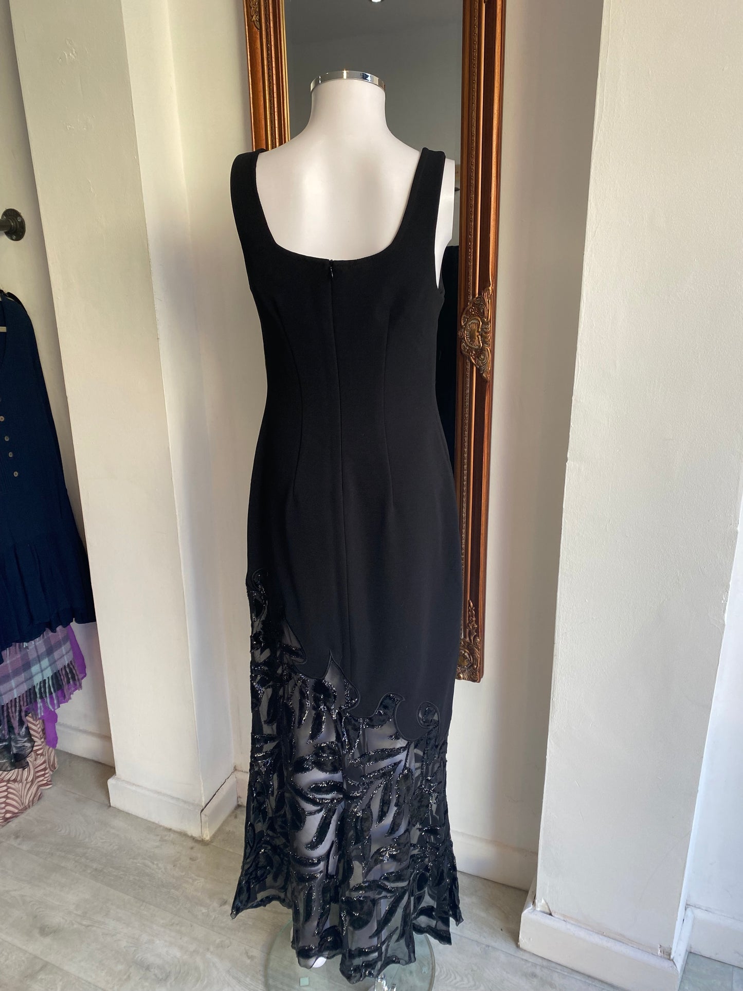 Joseph Ribkoff Black Dress with Asymmetric Mesh Panel Size 10