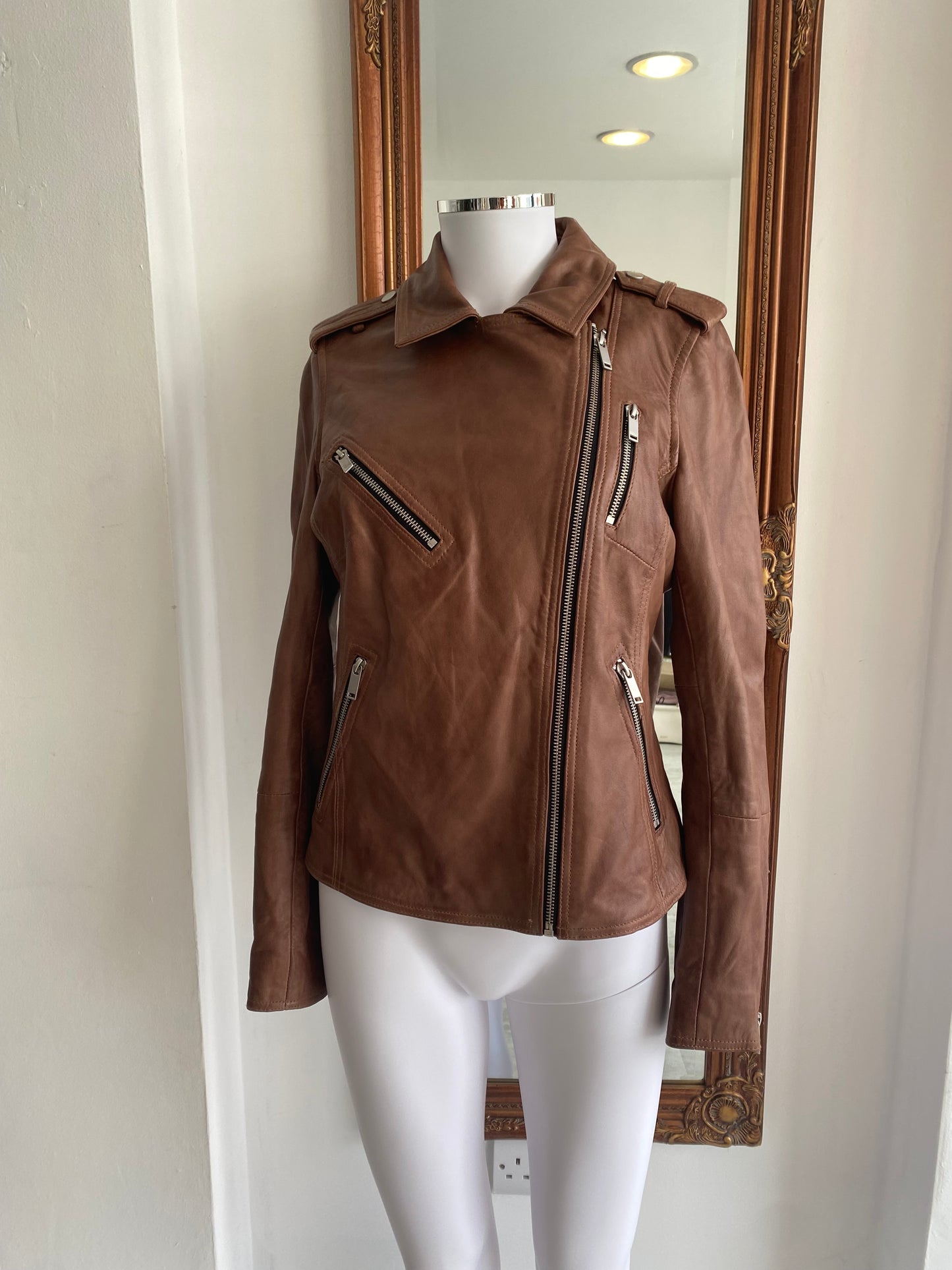 Mint Velvet Brown Leather Biker Jacket Size 10