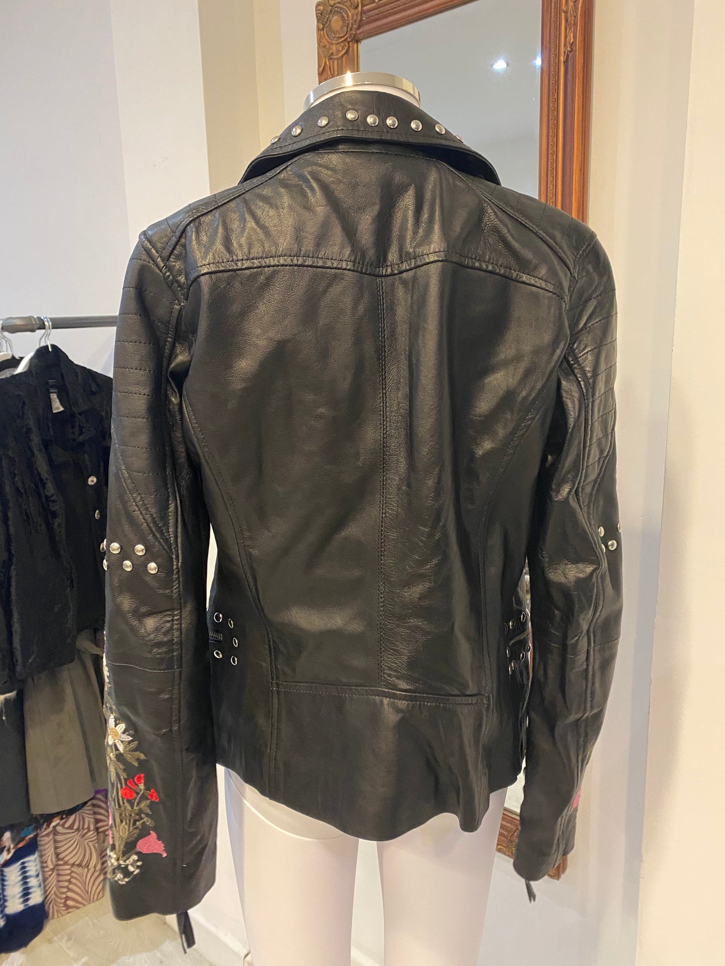 Rokoko Black Leather Jacket with Floral Embroidery and Studs Size 8-10 New with Tags