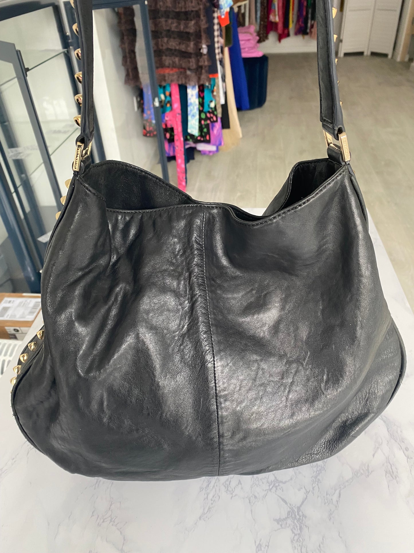 Tory Burch Black Leather Studded Hobo Handbag