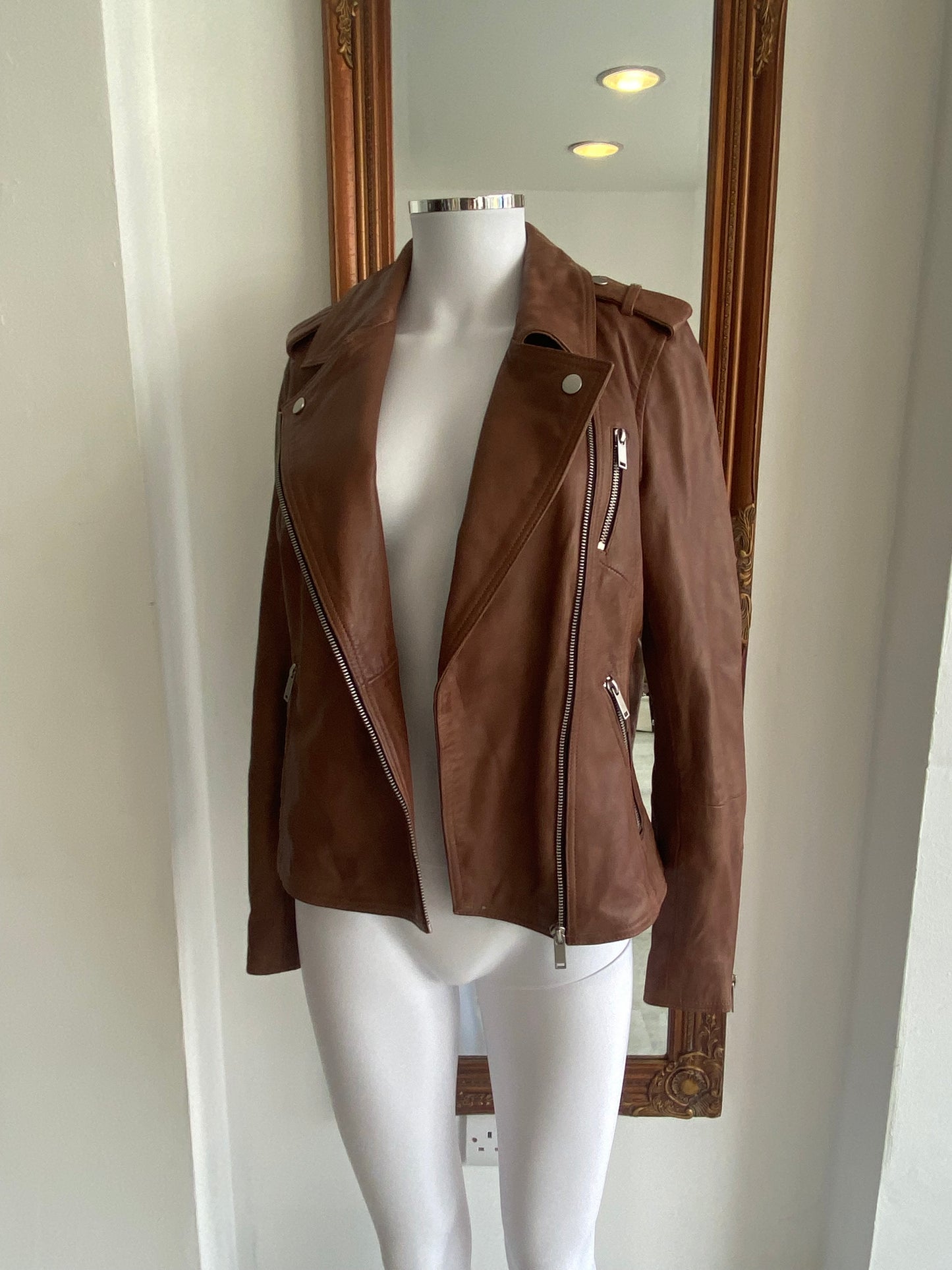Mint Velvet Brown Leather Biker Jacket Size 10