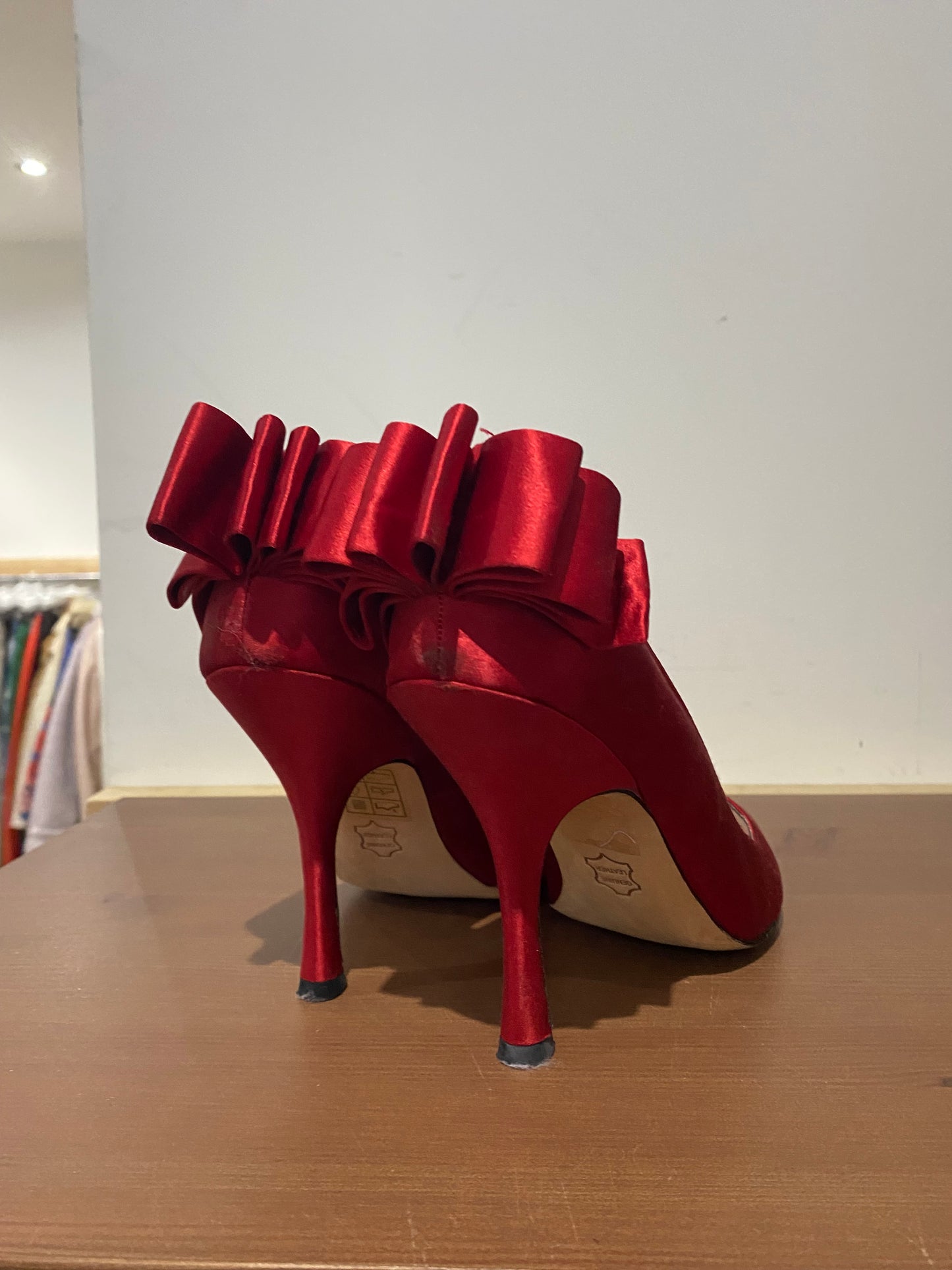 Coast Red Satin Heels with Bow Backs Size 6 with dustbag and box