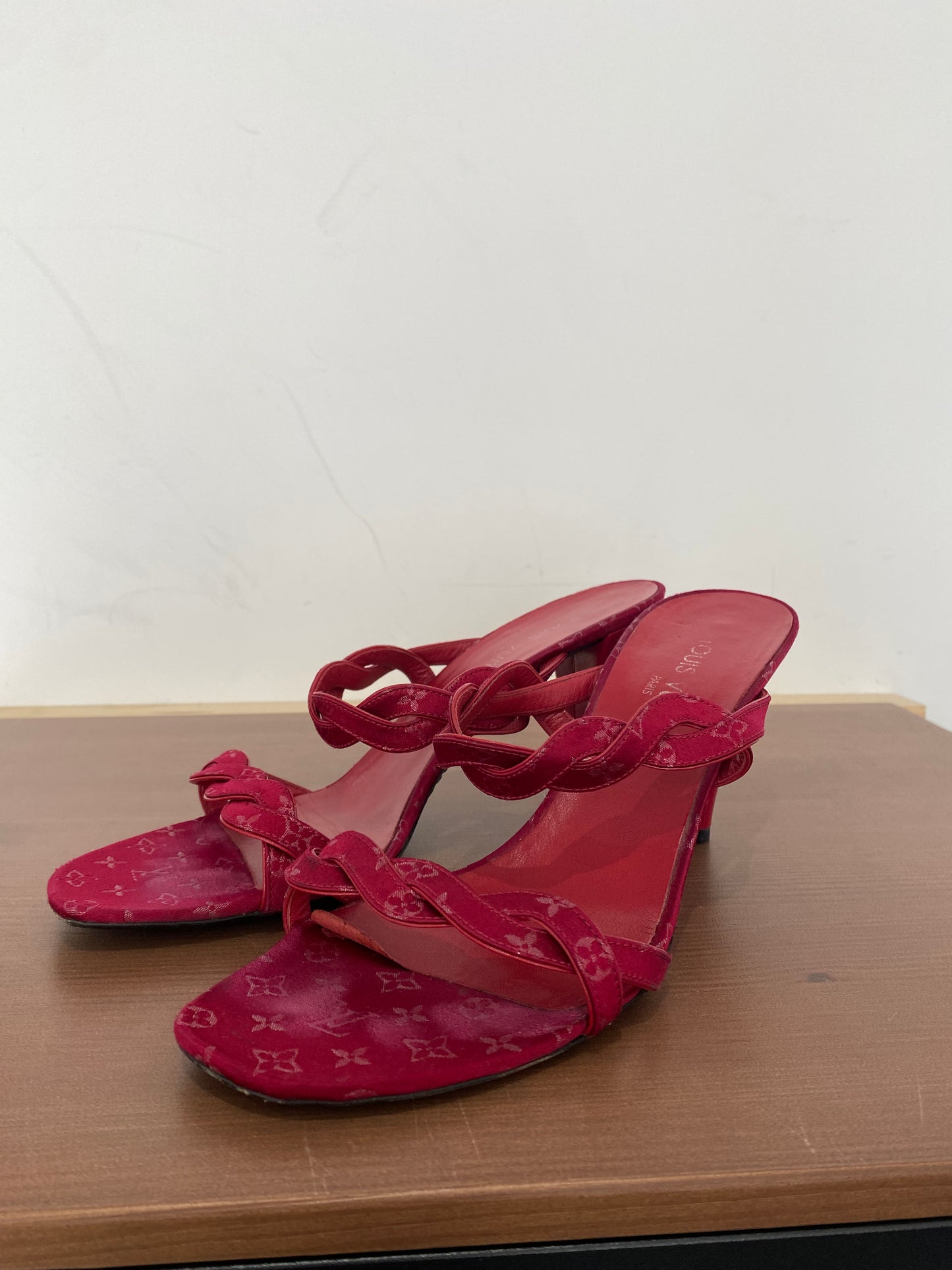 Louis Vuitton Dark Red Monogram Heeled Sandals Size 6 with Dust Bag and Box
