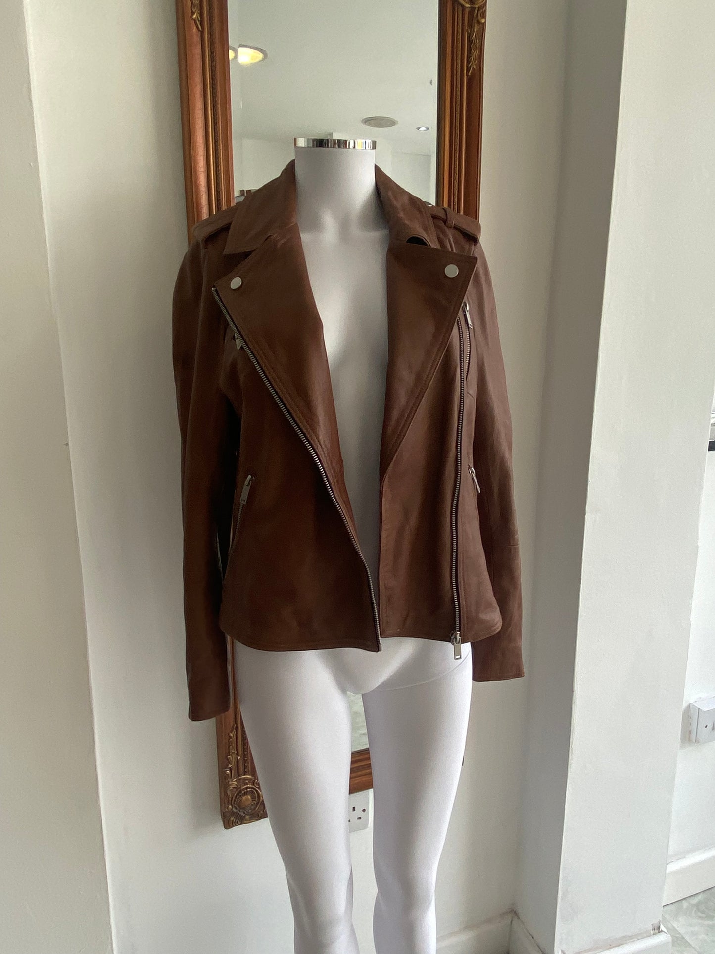 Mint Velvet Brown Leather Biker Jacket Size 10