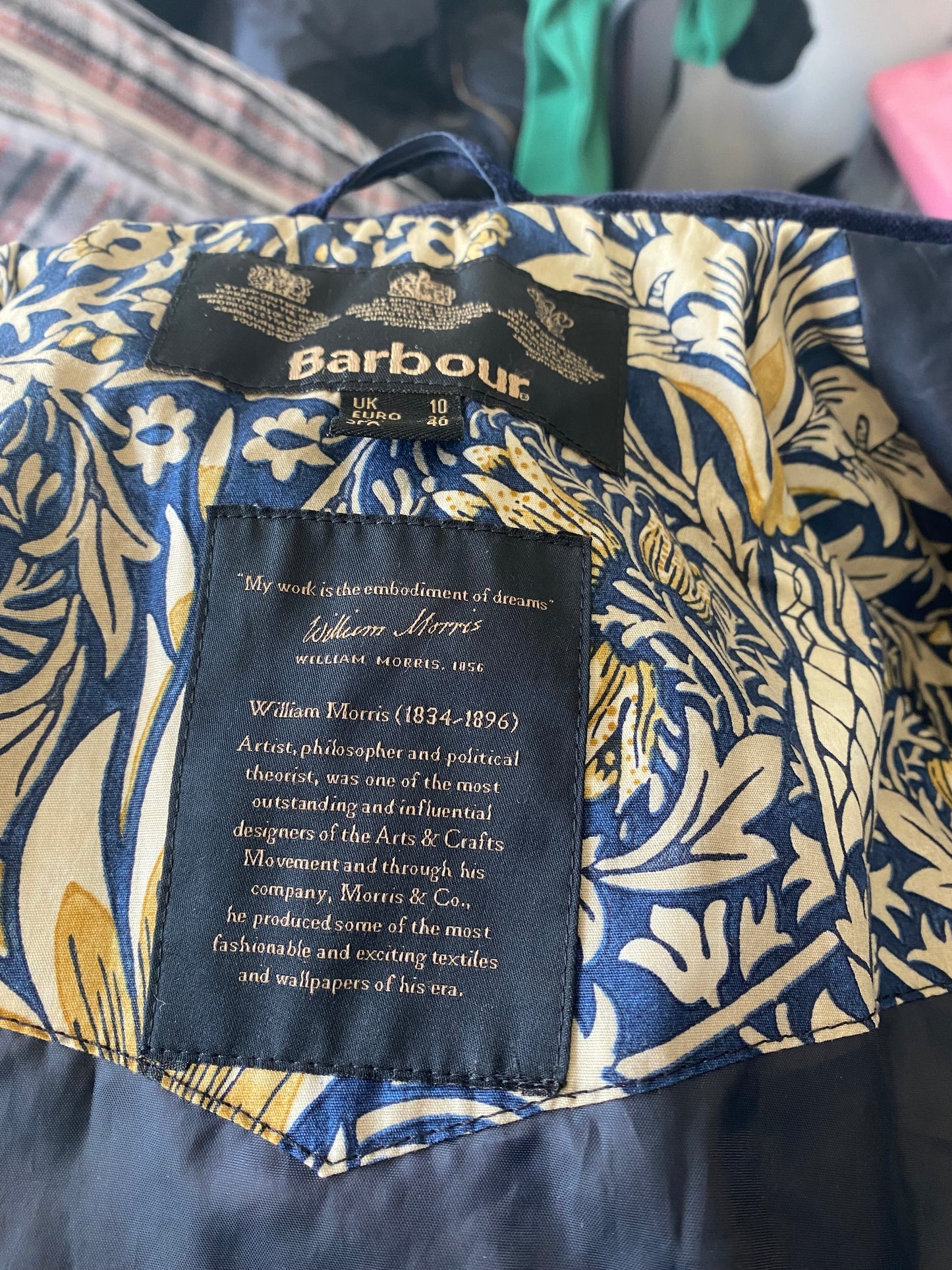 Barbour X William Morris Navy Waxed Jacket Size 10