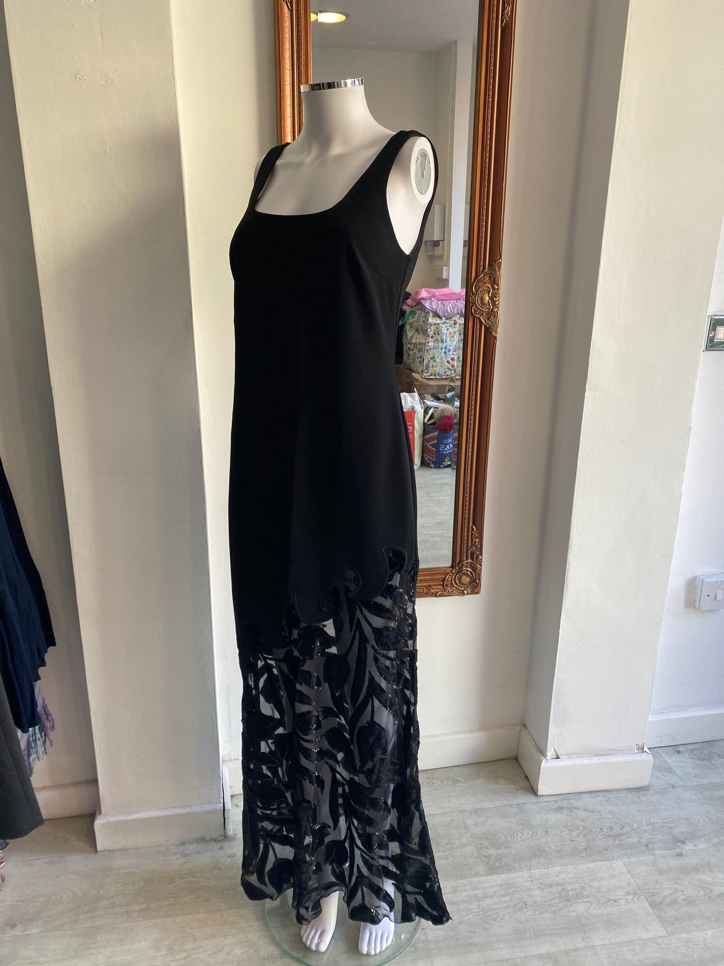 Joseph Ribkoff Black Dress with Asymmetric Mesh Panel Size 10