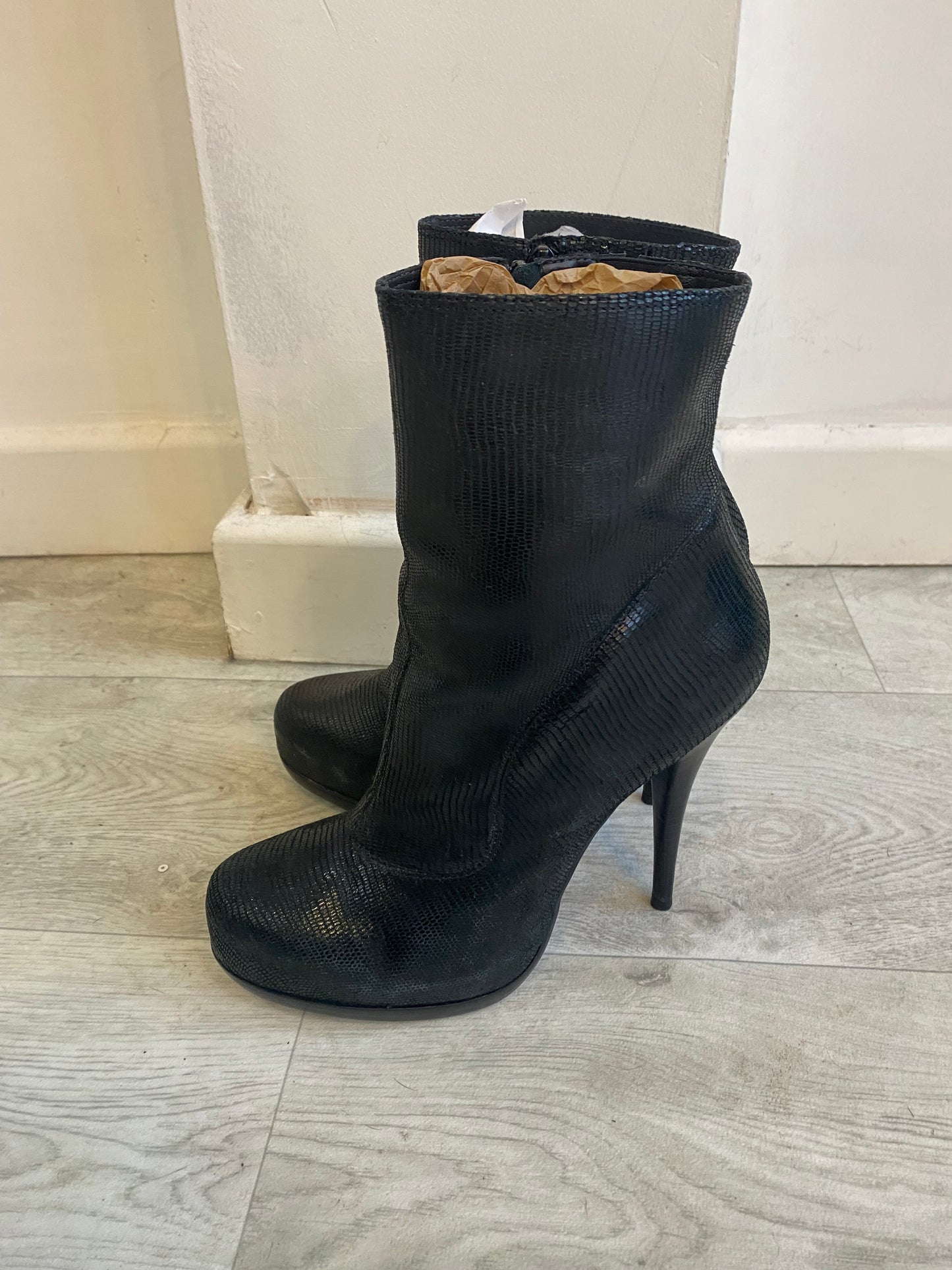 Dune Textured Leather Platform Heeled Boots Size 8