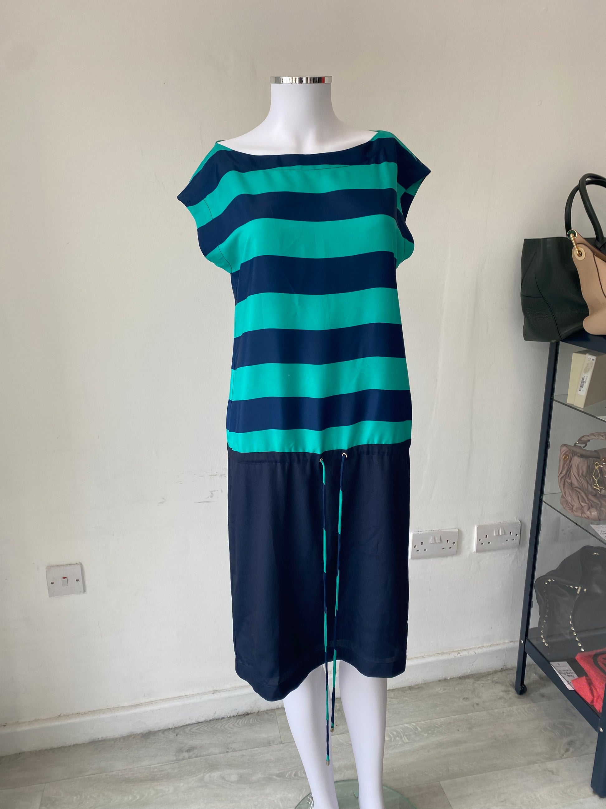 Adolfo Dominguez Green and Navy Striped Dress Size 8-12 Follow The Clothes Adolfo Dominguez Green and Navy Striped Dress Size 8-12 Follow The Clothes